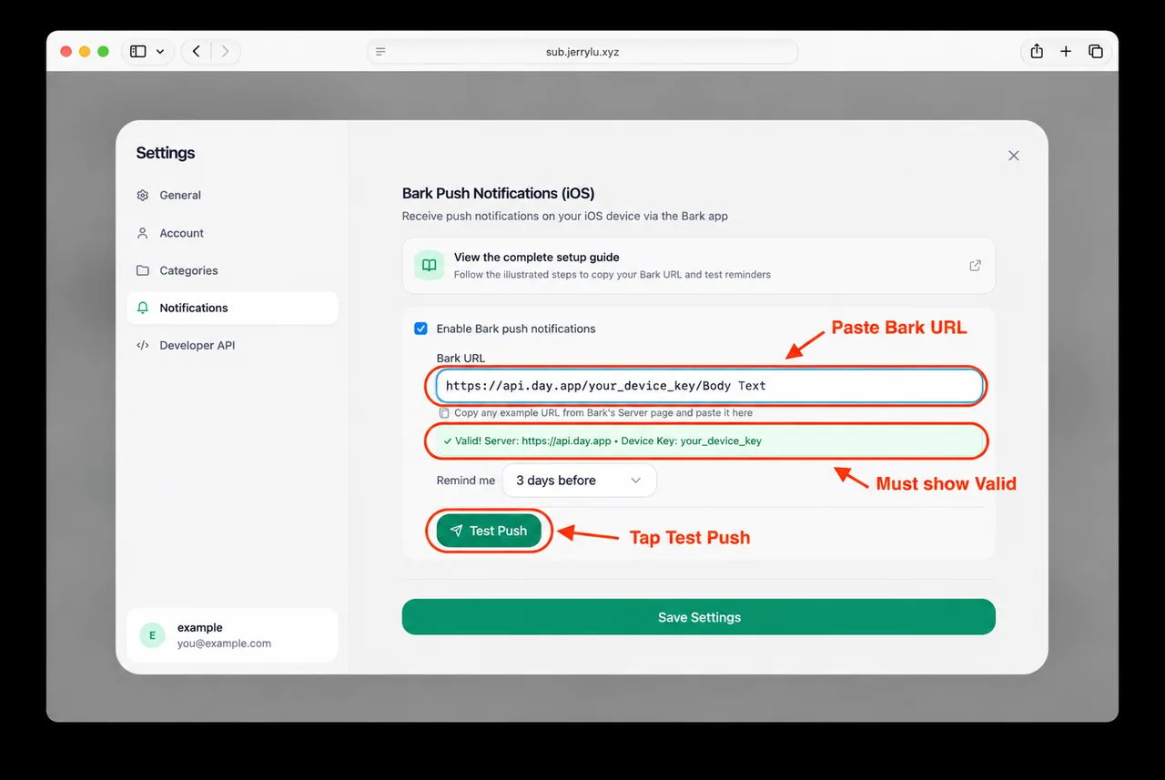 Bark URL field filled with a placeholder your_device_key URL, Valid status circled, and Test Push circled