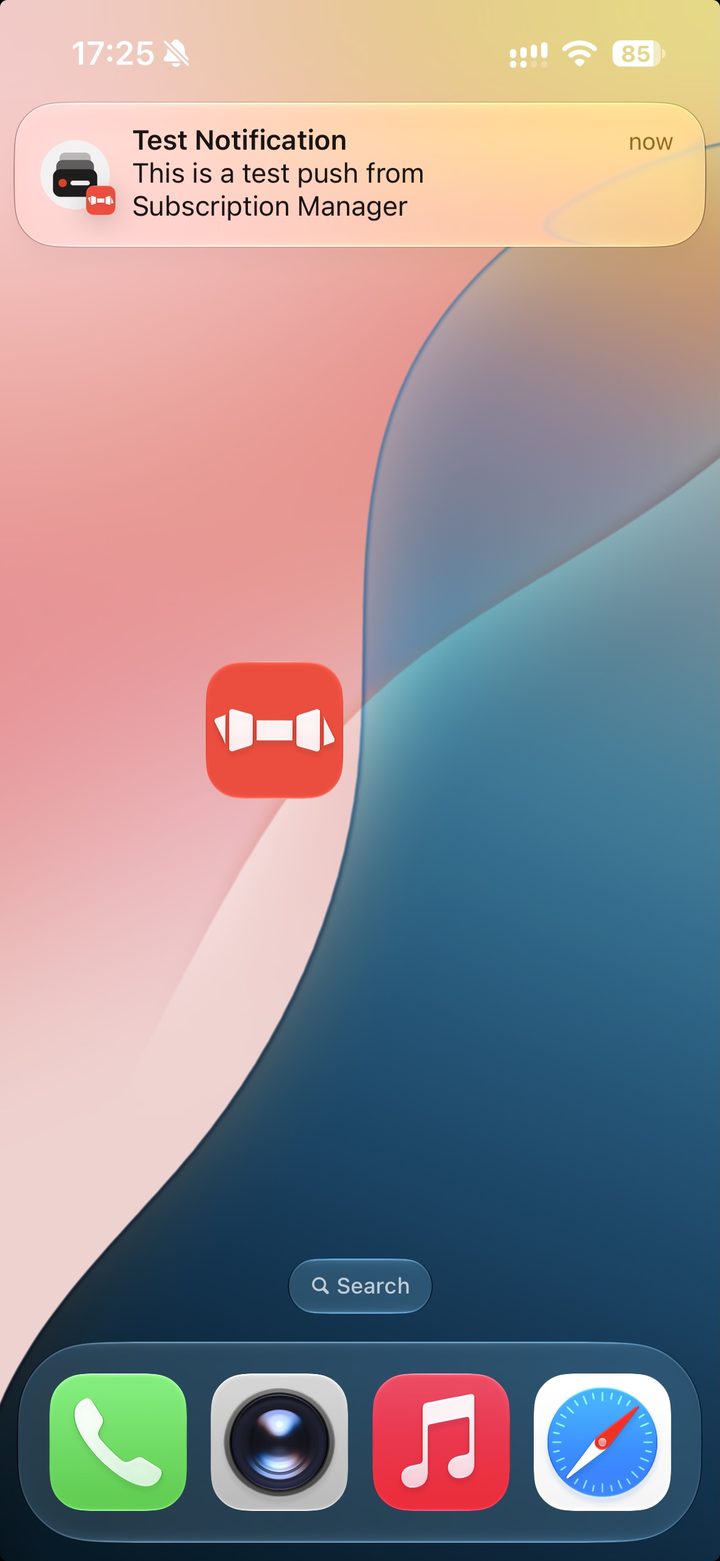 iPhone home screen with a Bark test notification from an earlier version that reads This is a test push from Subscription Manager