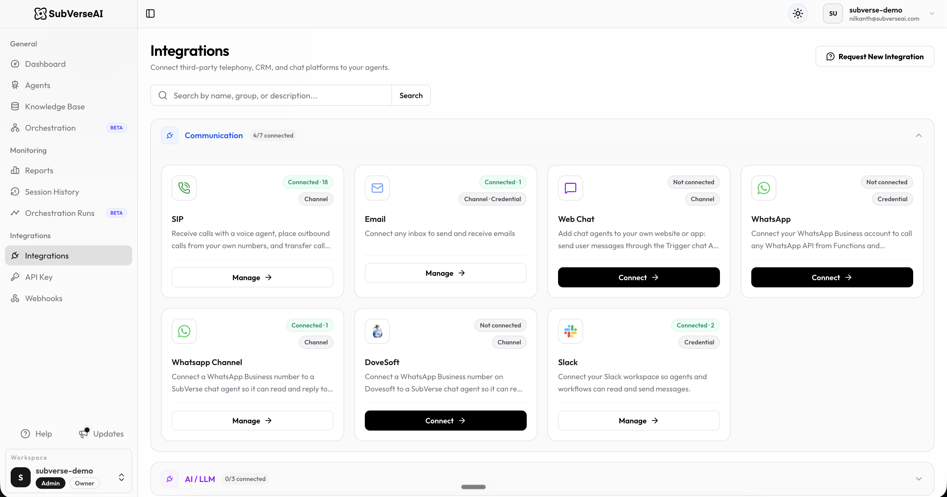 Integrations page in the SubVerse dashboard