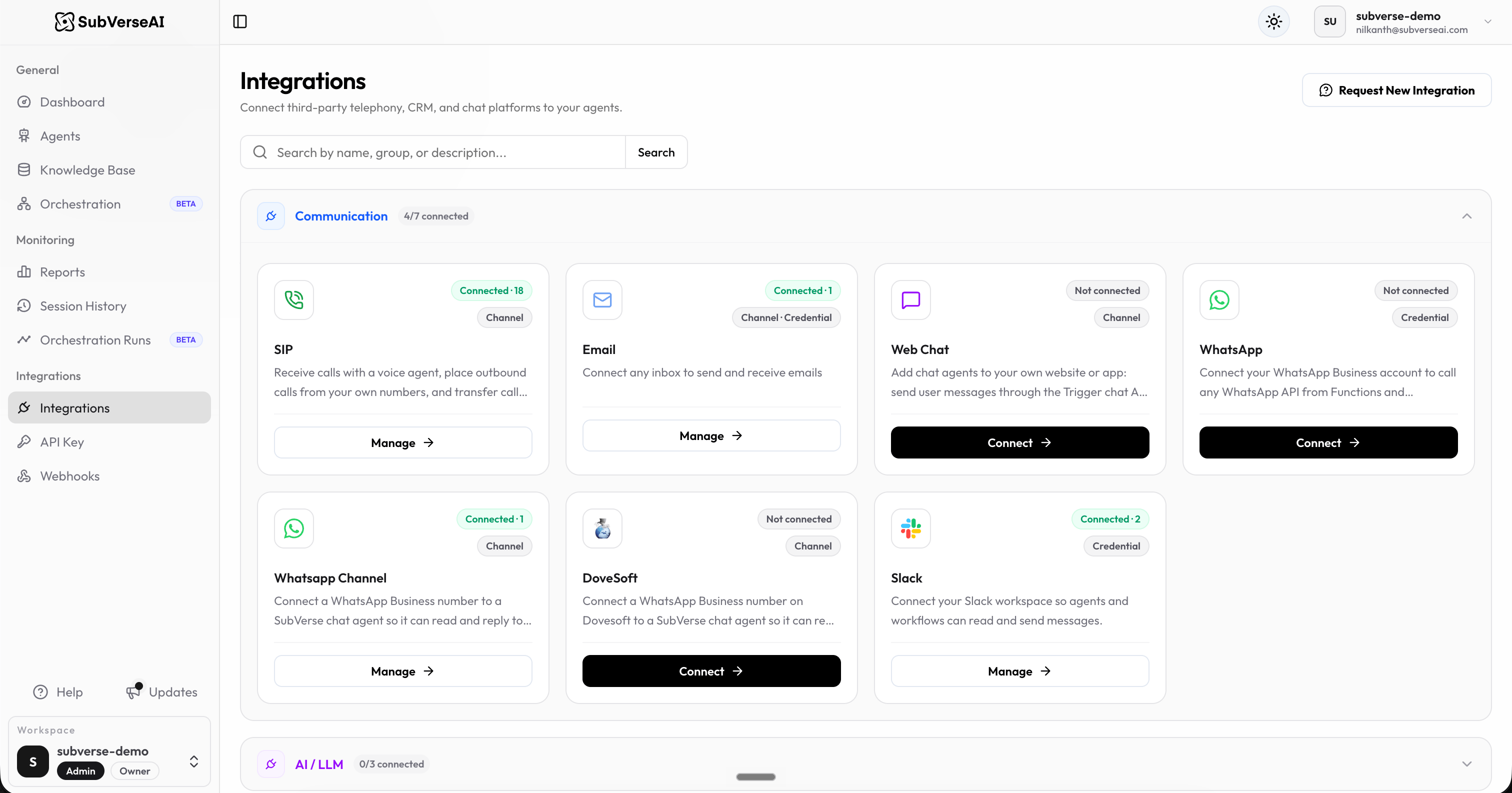 Integrations page in the SubVerse dashboard