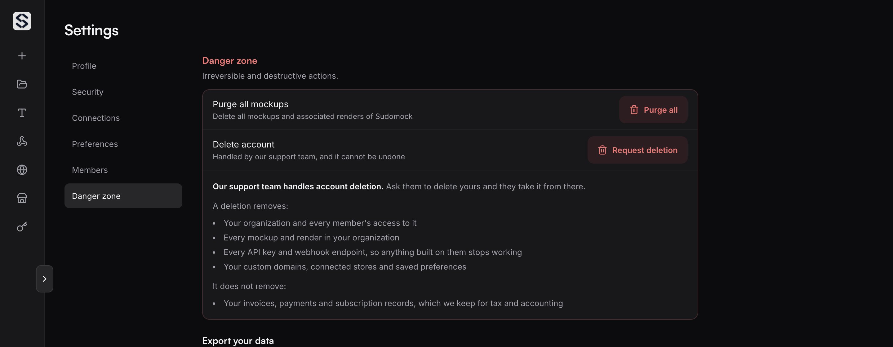 The Danger zone panel, with the purge control above the account deletion request.