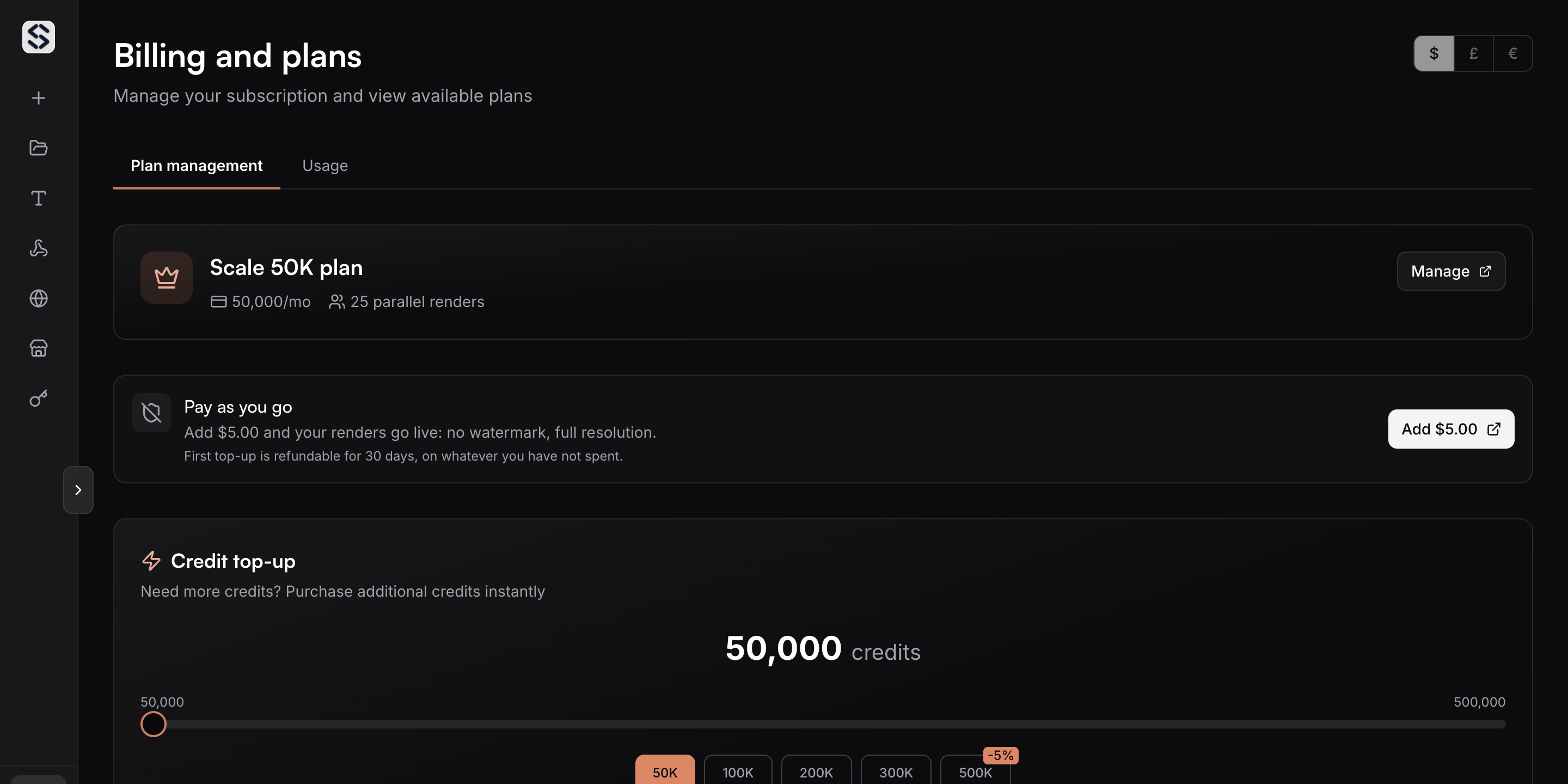 The billing page with the pay as you go card, showing the top up amount and the refund window.