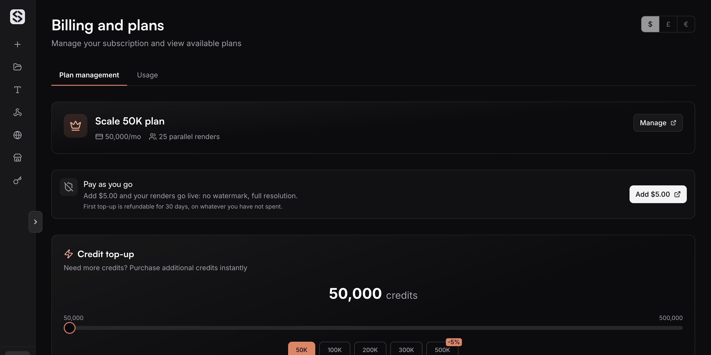 The billing page with the pay as you go card, showing the top up amount and the refund window.