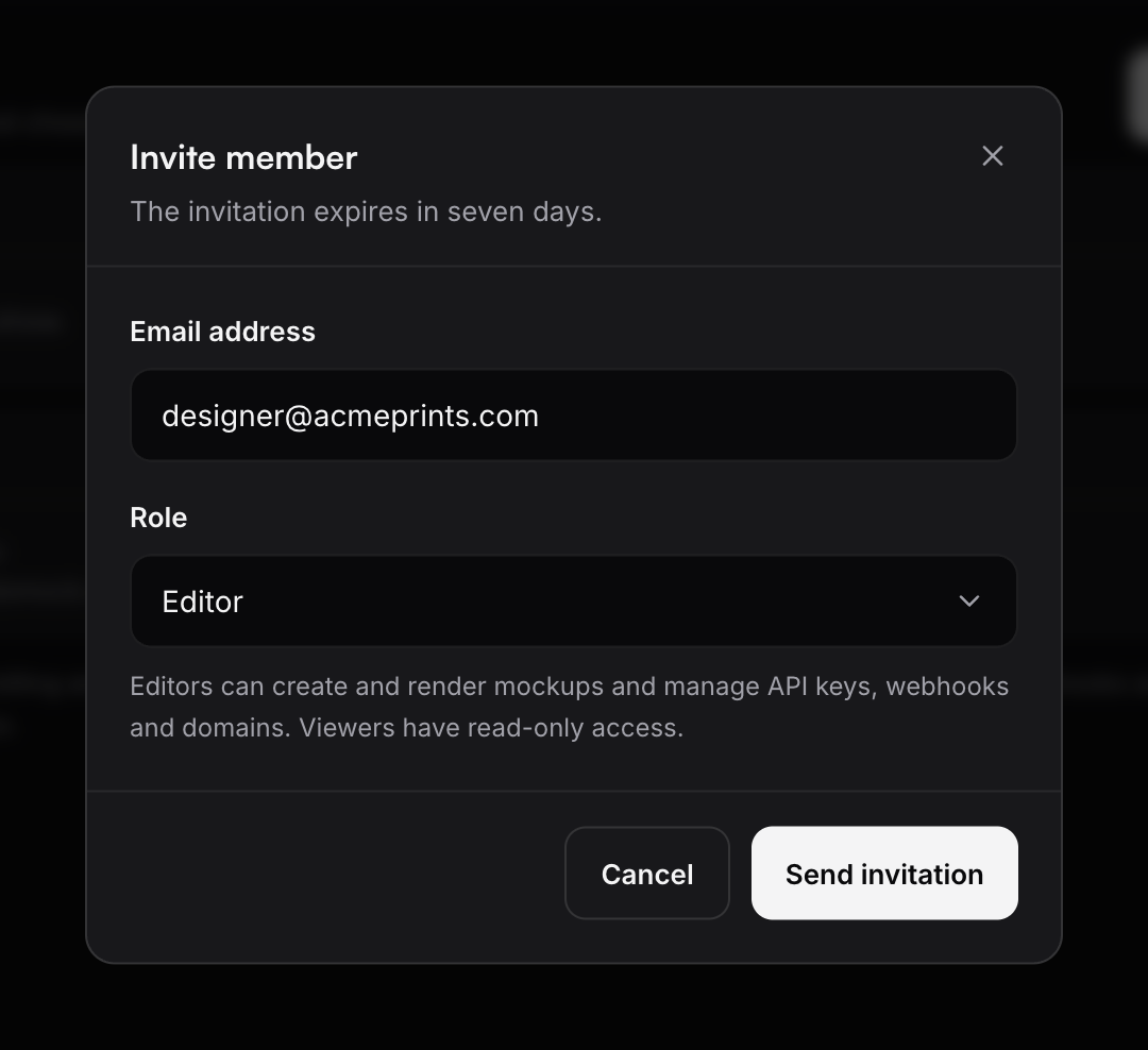 The invite dialog with an email address typed and the Editor role selected.