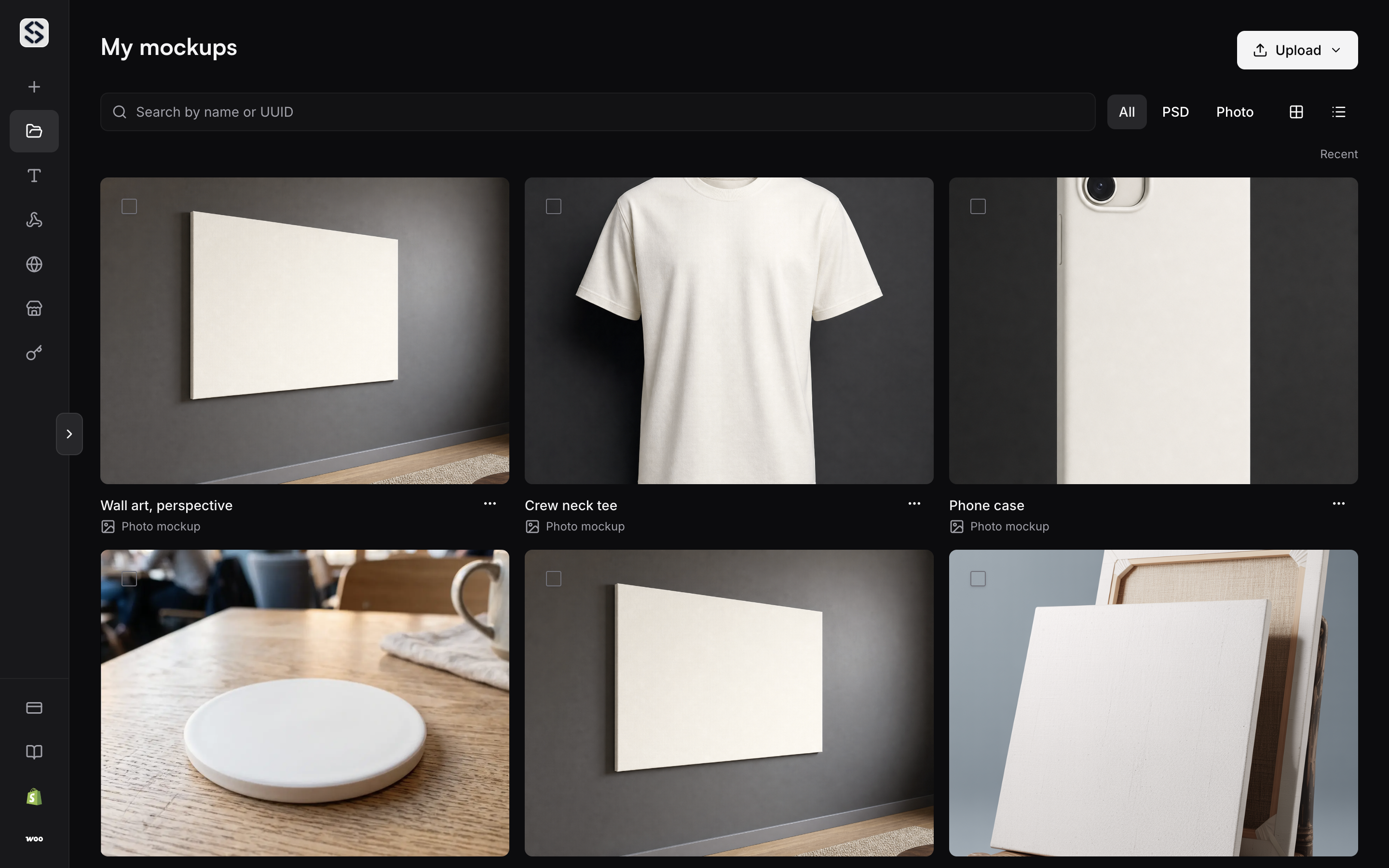 The saved mockup library in grid view, each card showing the template name and its type.