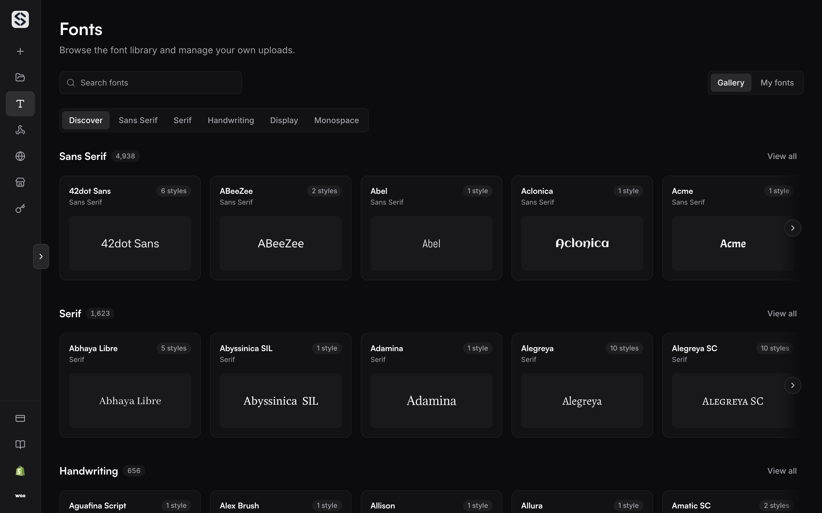 The font gallery, grouped by classification, with your own uploads under My fonts.