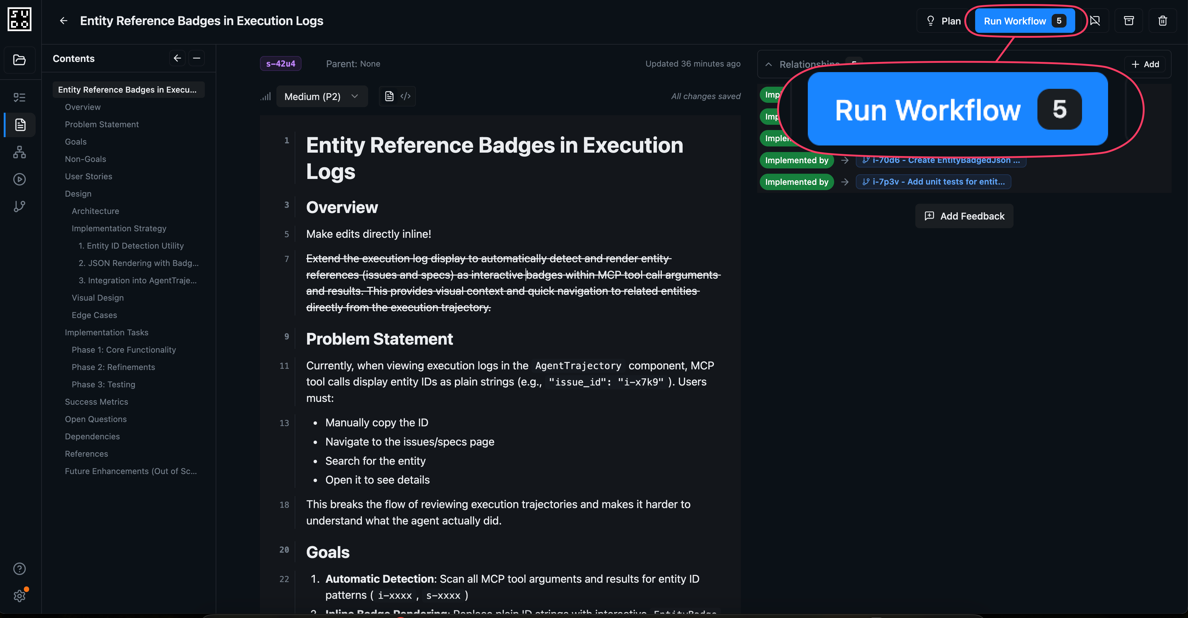 Run Workflow button to start execution