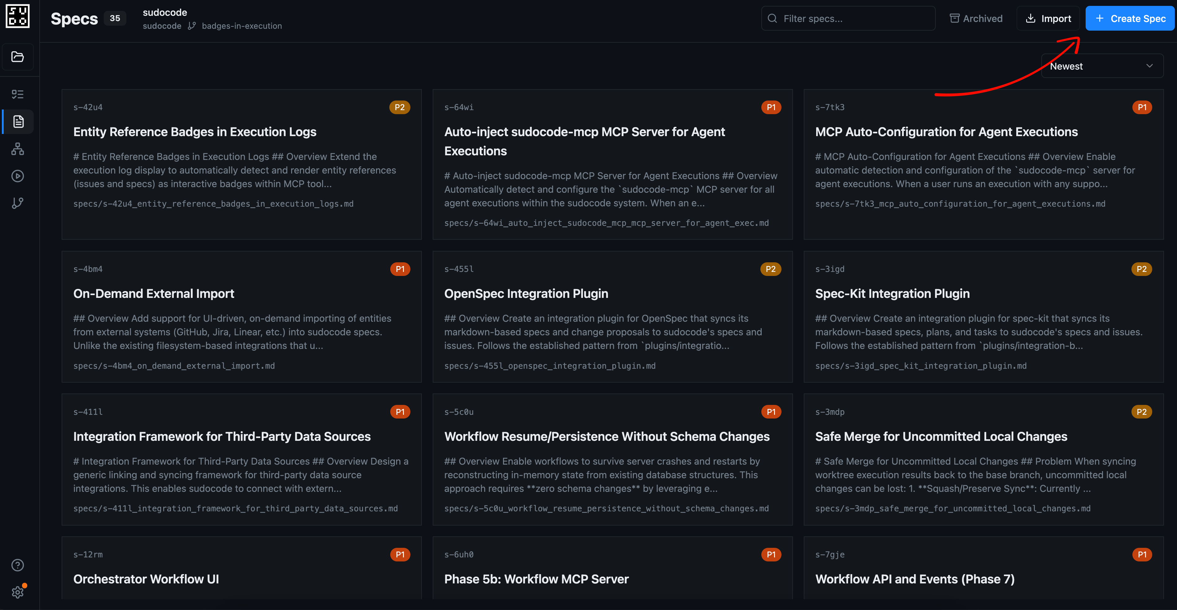 Creating a new spec in the sudocode web interface