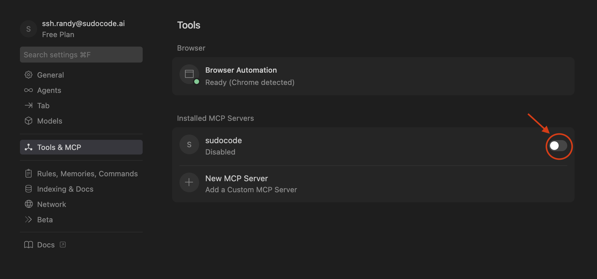 Cursor Settings page showing MCP enable option