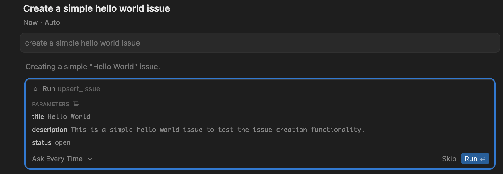 Cursor successfully creating an issue using sudocode MCP