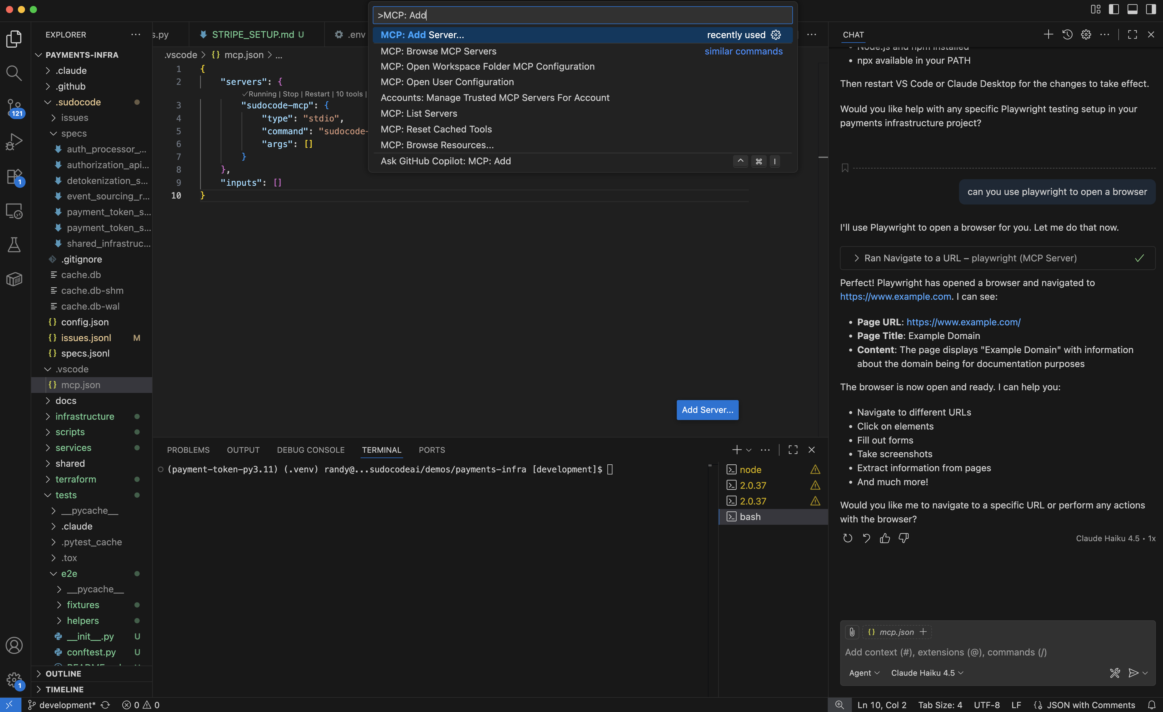 VS Code Command Palette showing MCP: Add Server command