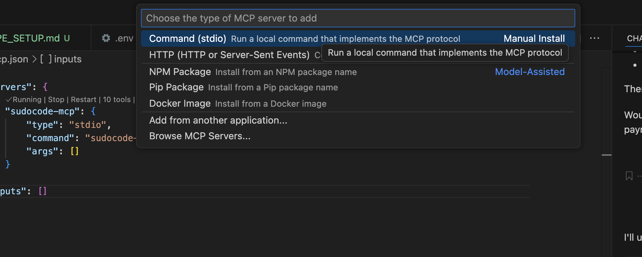 MCP server type selection dialog showing Command (stdio) option