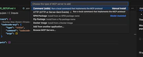 MCP server type selection dialog showing Command (stdio) option