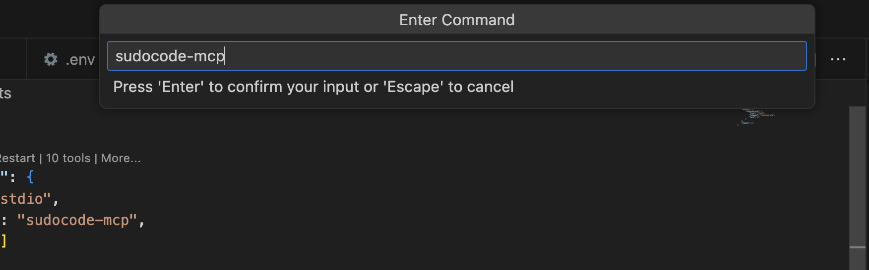 Enter Command dialog with sudocode-mcp typed in