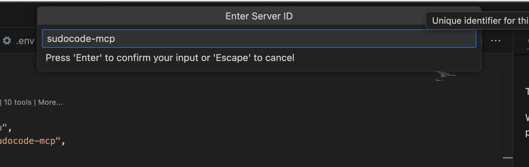Enter Server ID dialog with sudocode-mcp as the name
