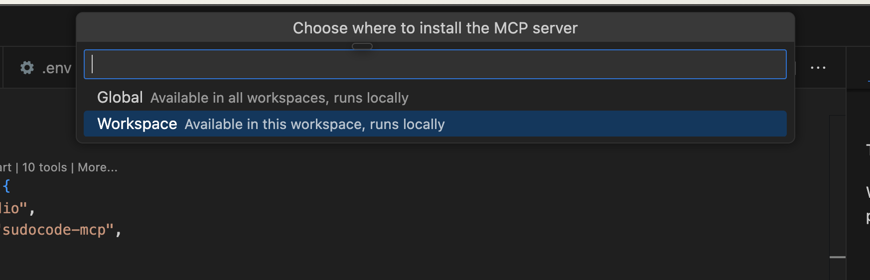 Installation location dialog showing Global vs Workspace options with Workspace selected