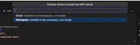 Installation location dialog showing Global vs Workspace options with Workspace selected