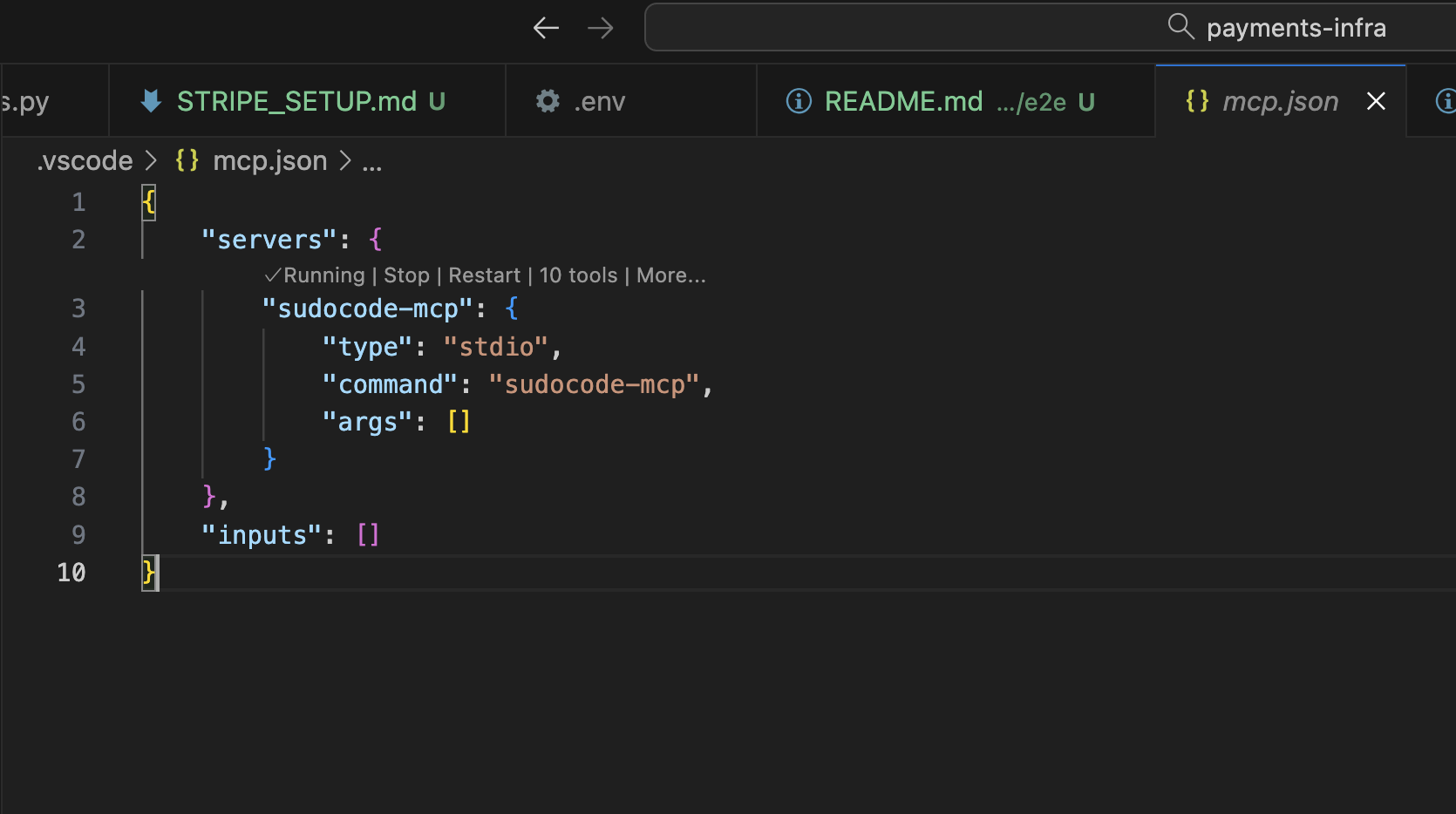 VS Code showing the created .vscode/mcp.json file with sudocode-mcp configuration