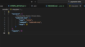VS Code showing the created .vscode/mcp.json file with sudocode-mcp configuration