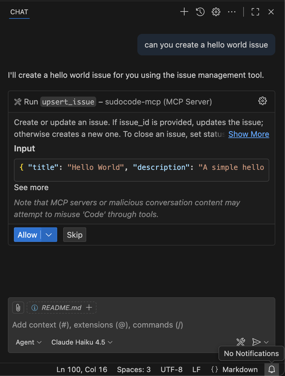 Example of sudocode creating a hello world issue