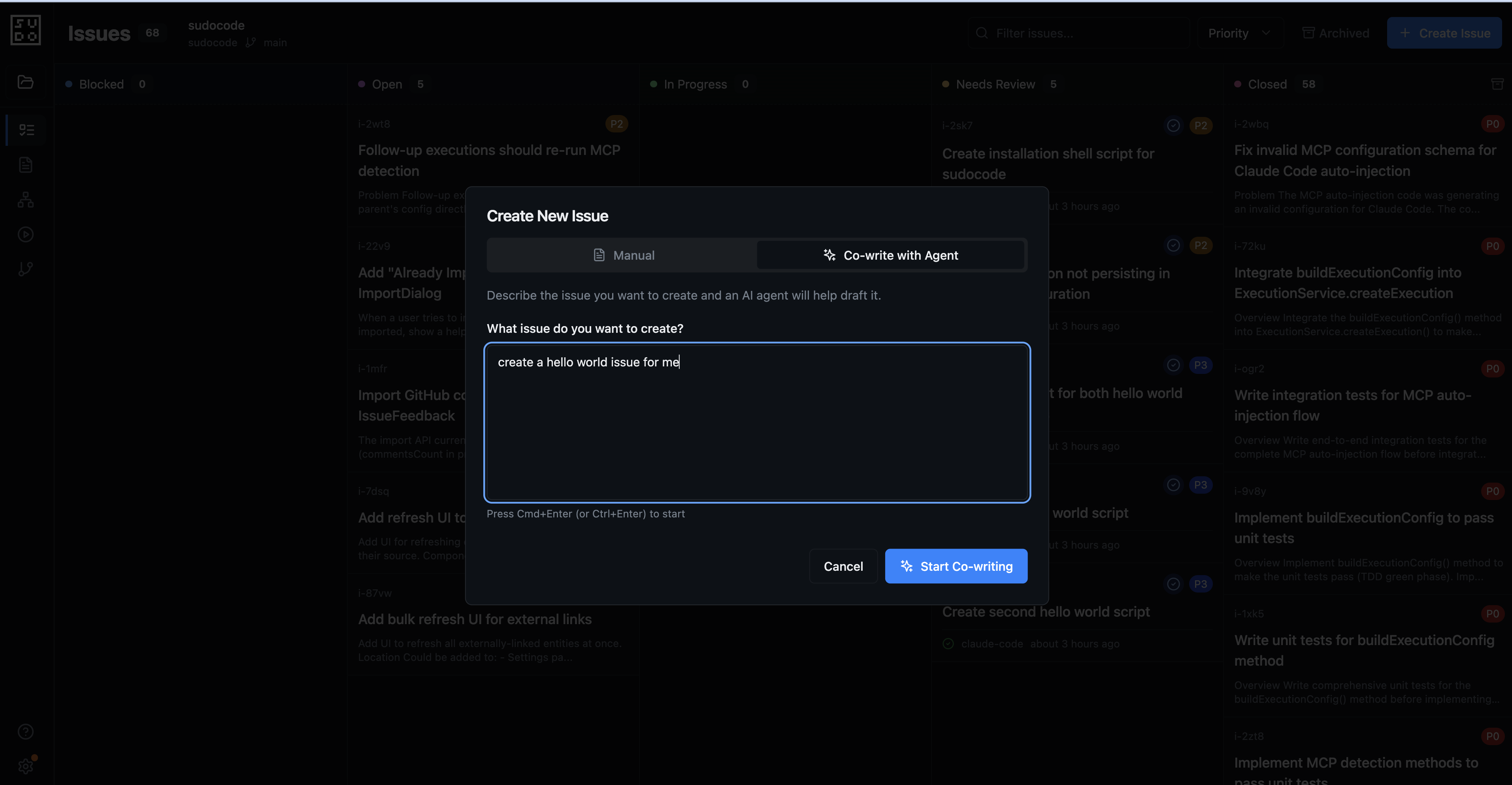 Creating an issue in the web interface
