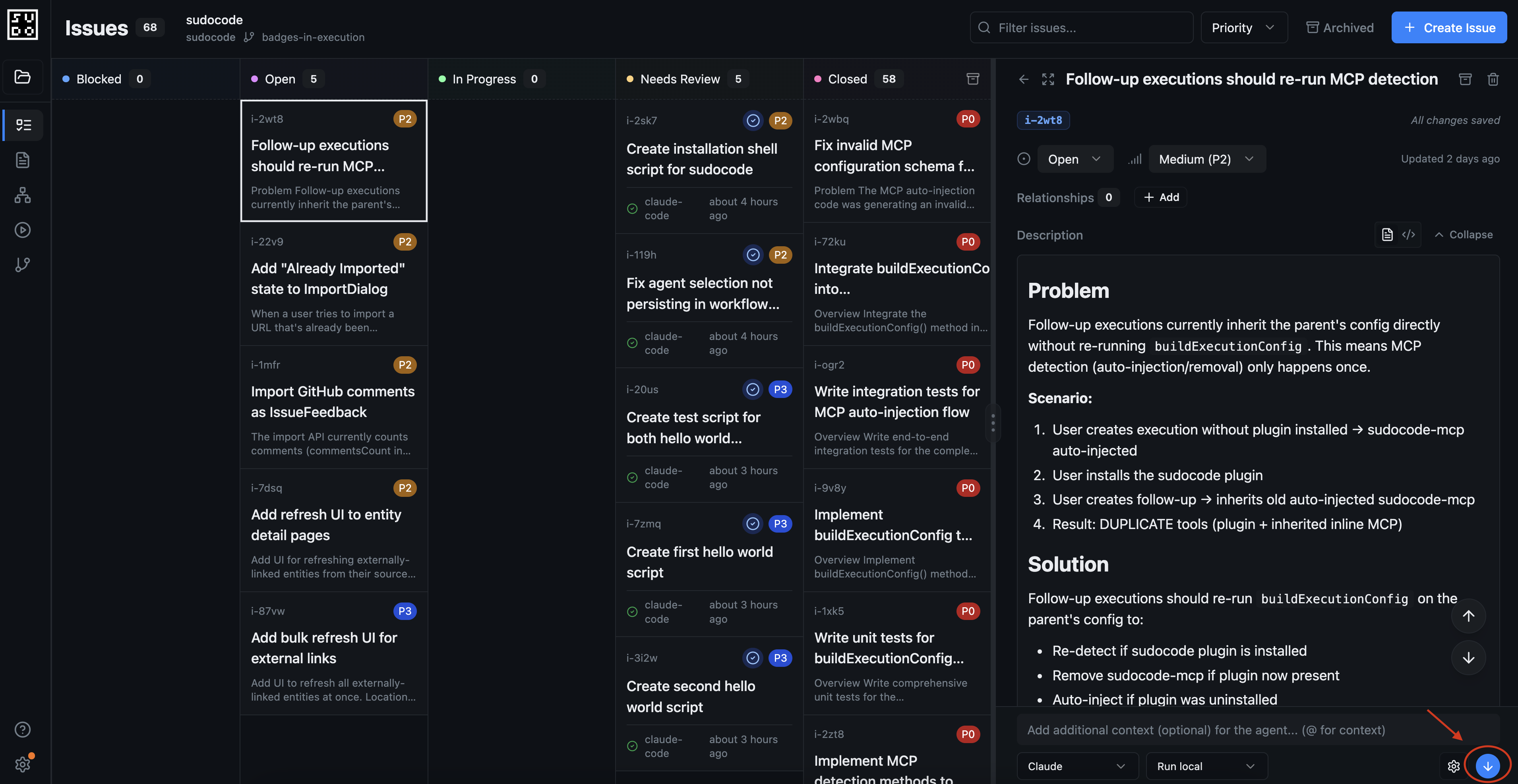Running an issue in the sudocode web interface