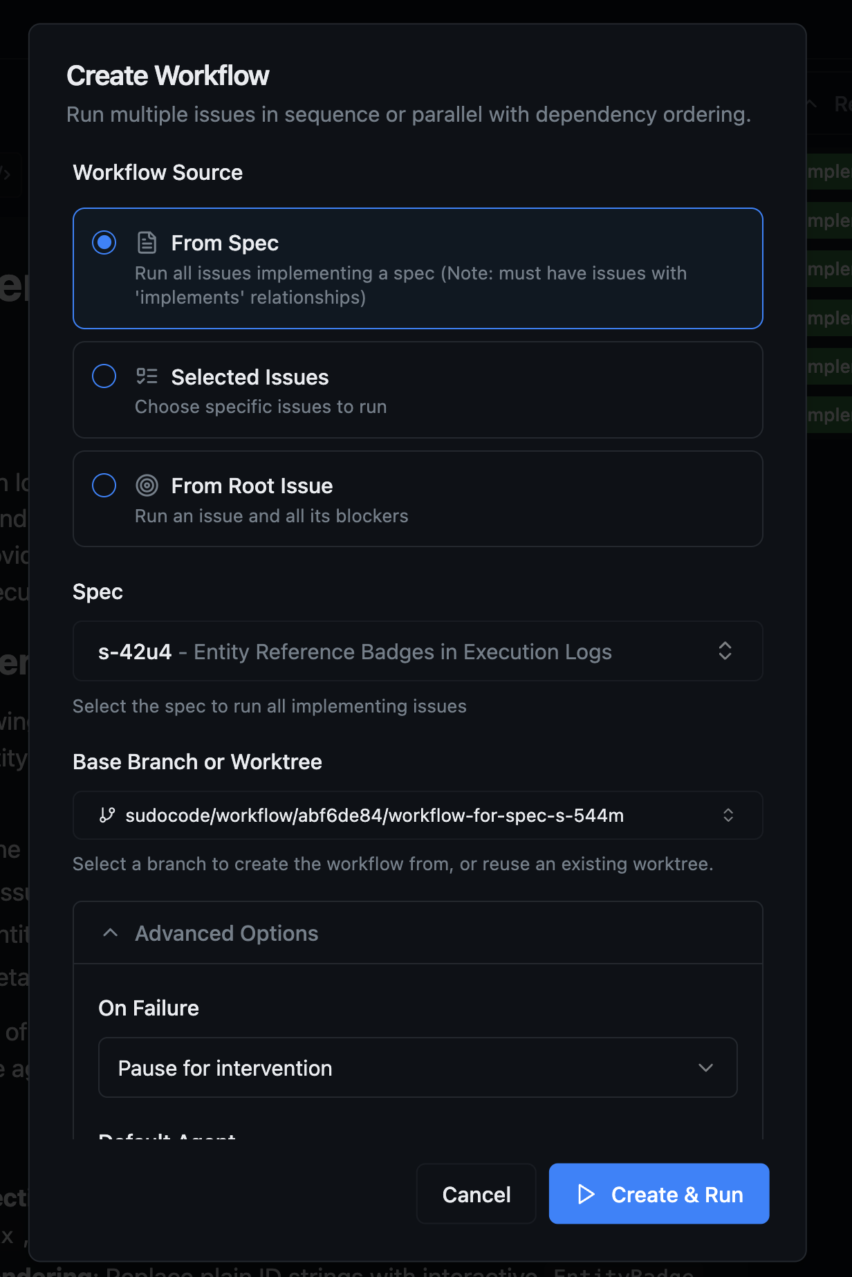 Workflow creation screen showing execution options