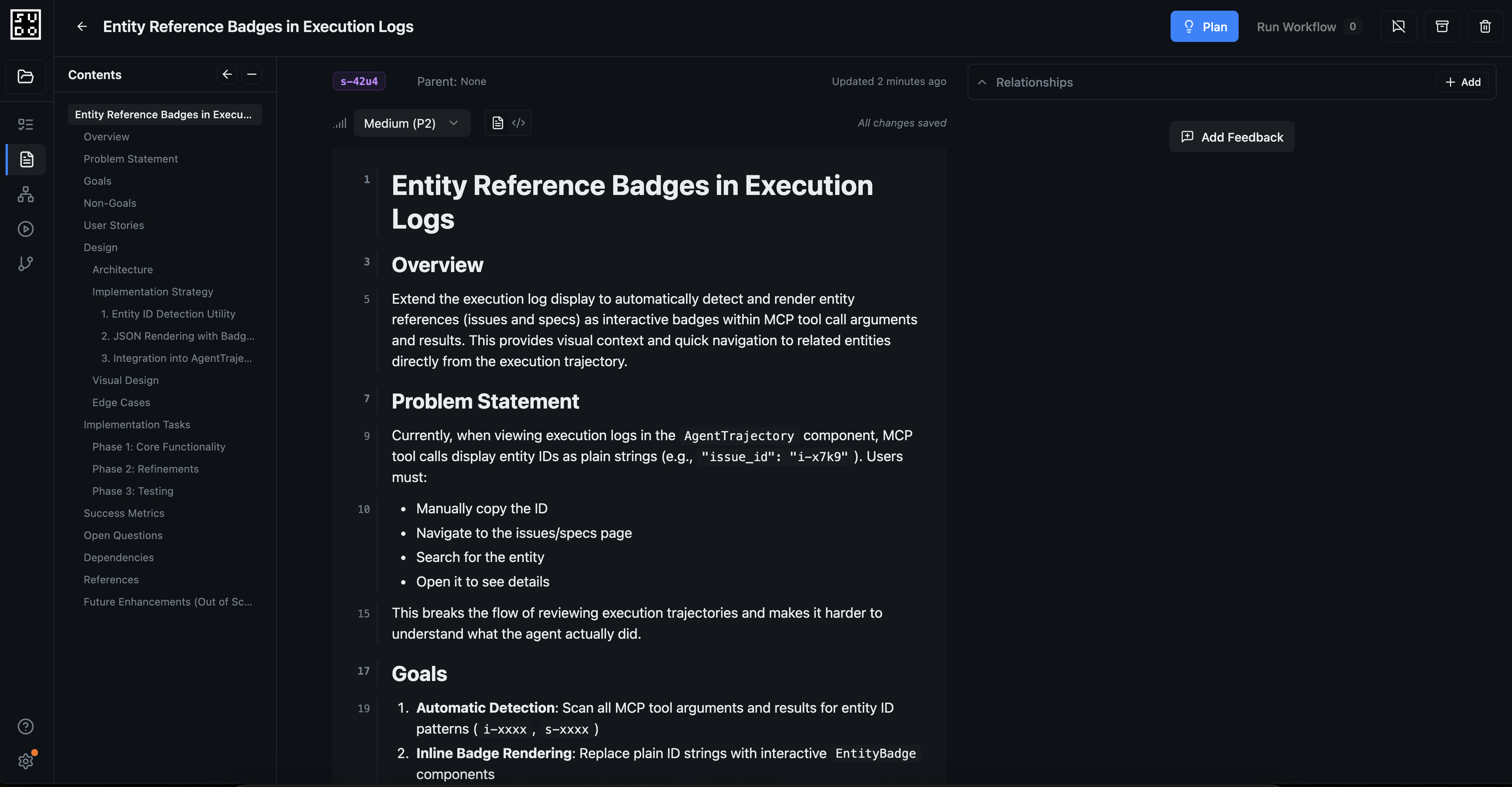 Inspecting and editing the spec inline or with agent assistance