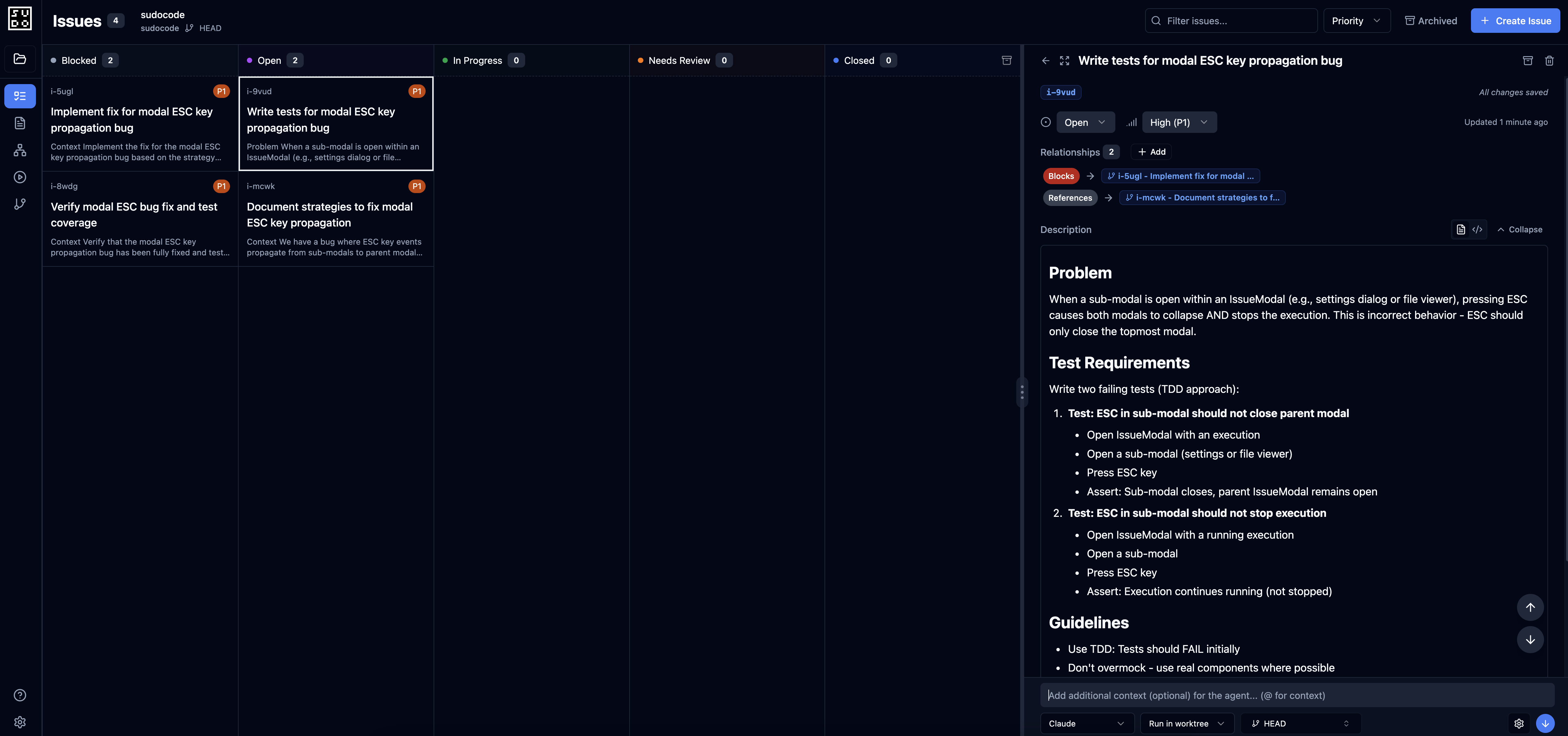 Issue board showing the four TDD issues ready to execute