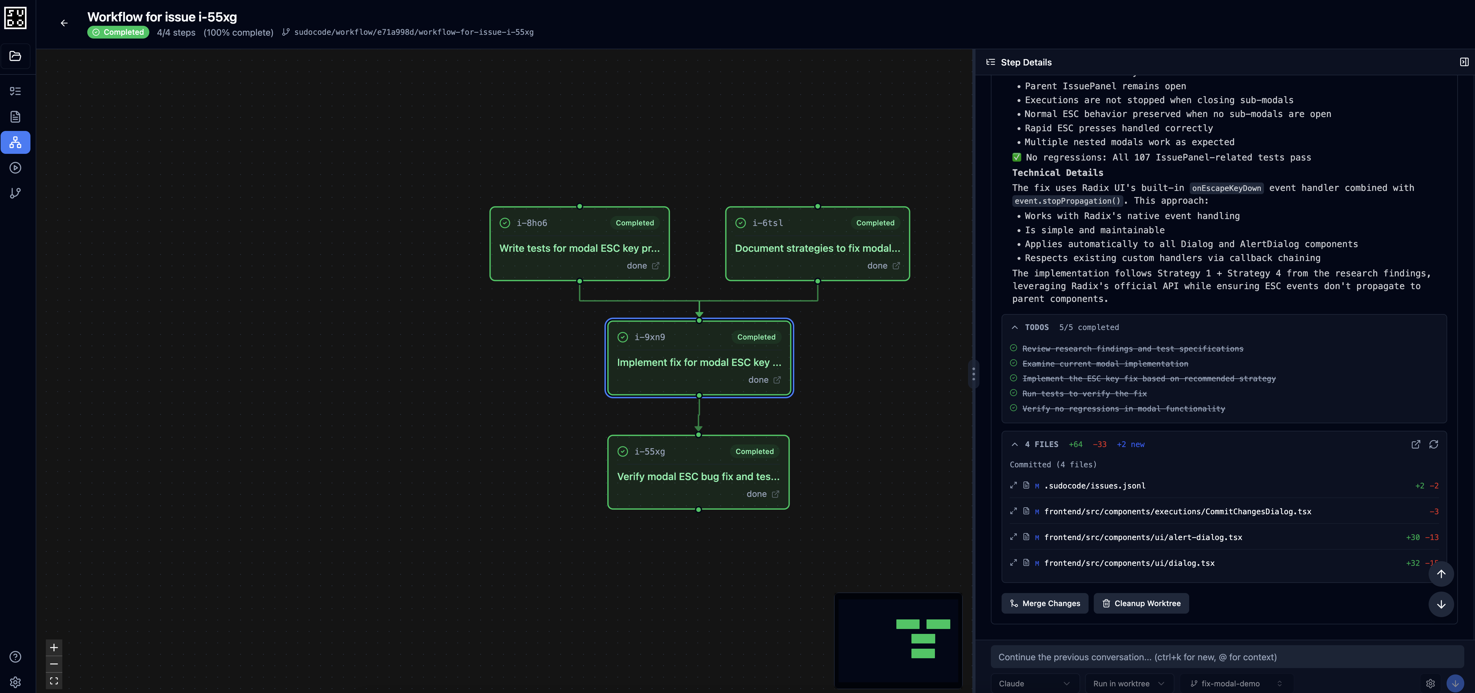 Reviewing files modified by the agent within an issue