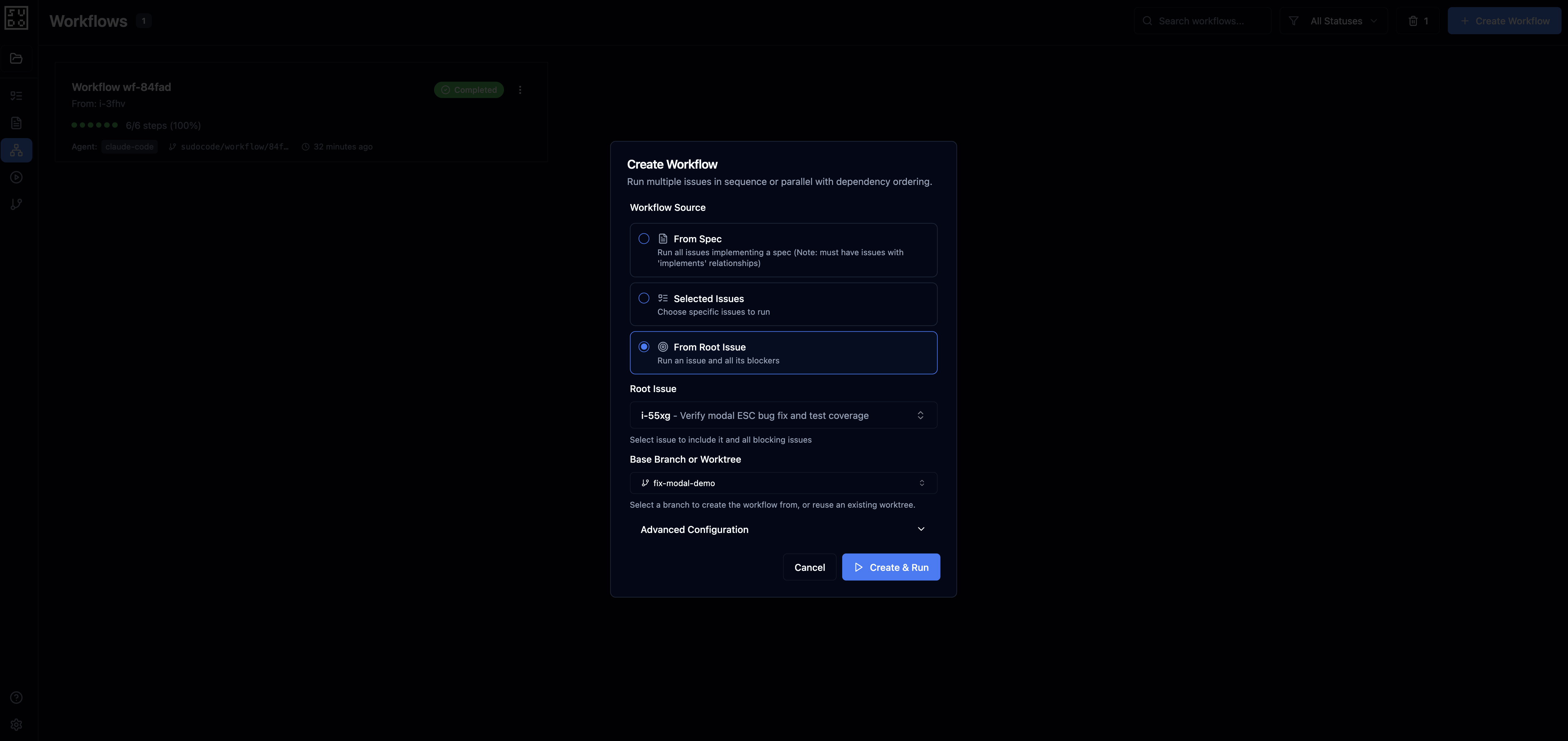 Starting a workflow by selecting the final validation issue