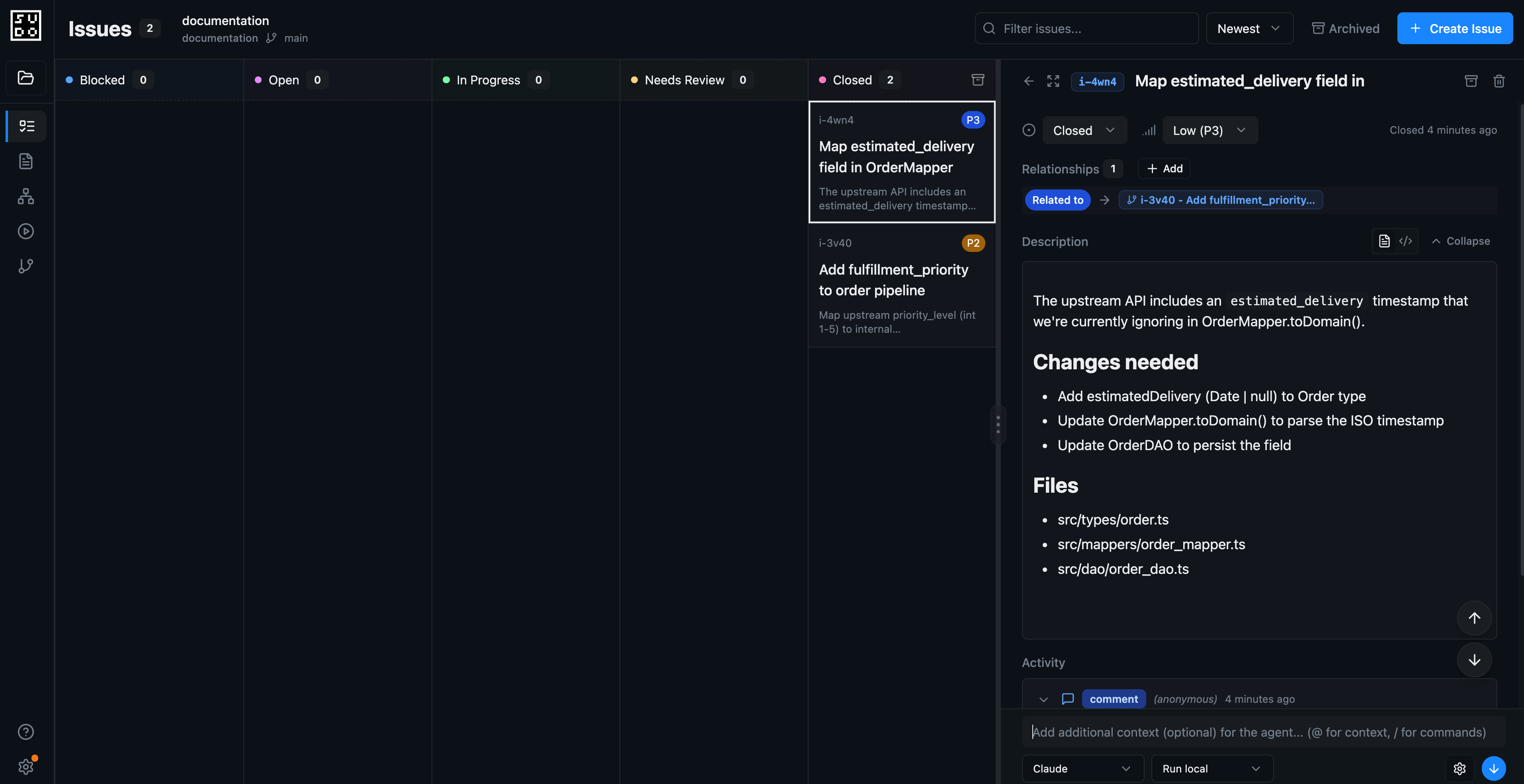 Both closed issues on the sudocode issue board