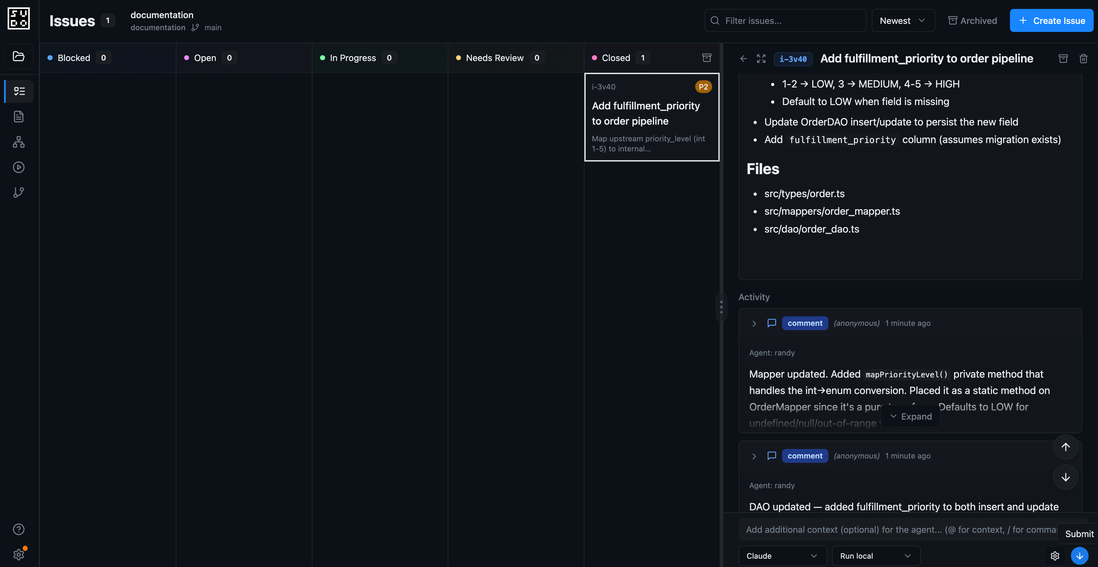 The closed issue with feedback comments on the sudocode issue board