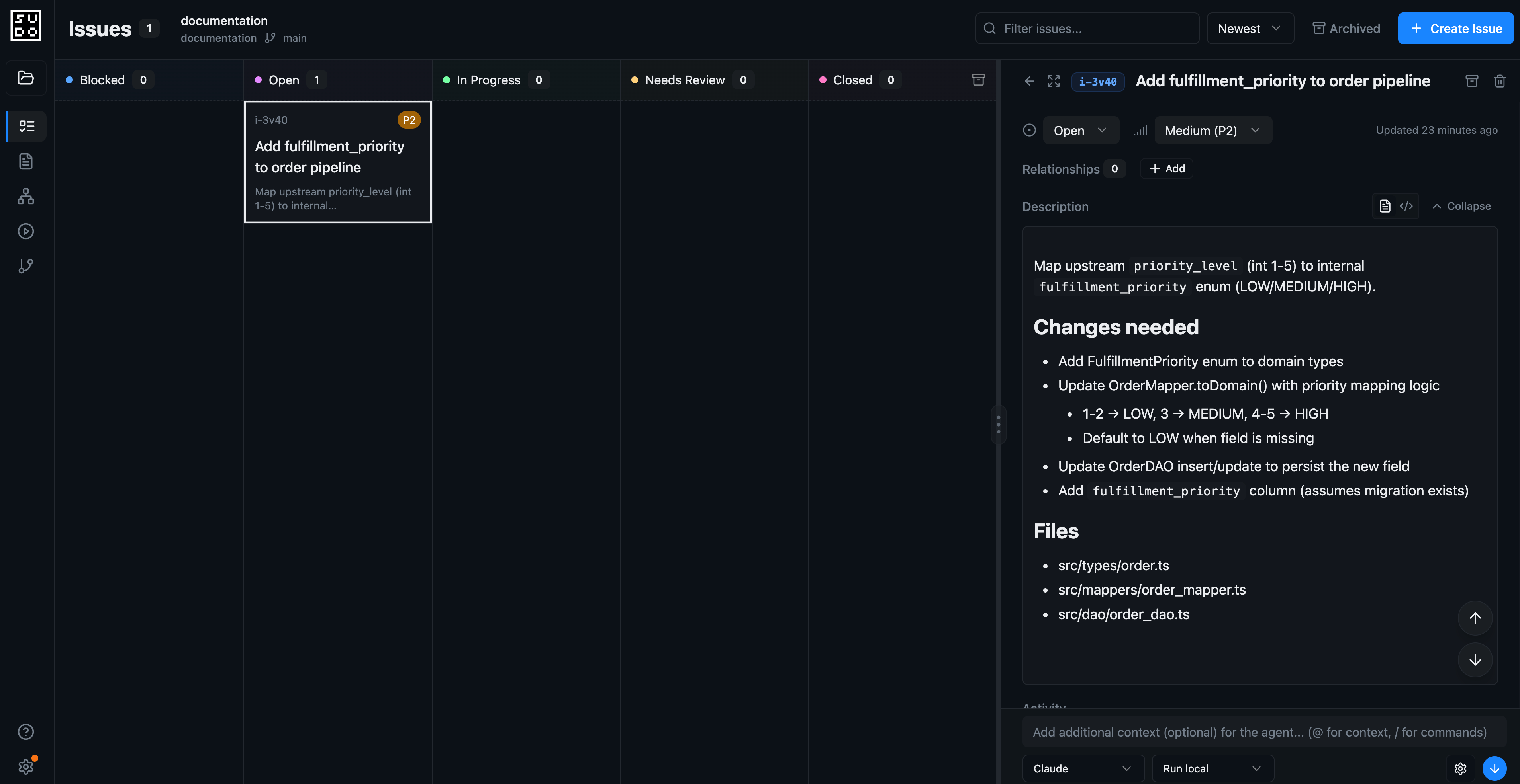 The created issue on the sudocode issue board