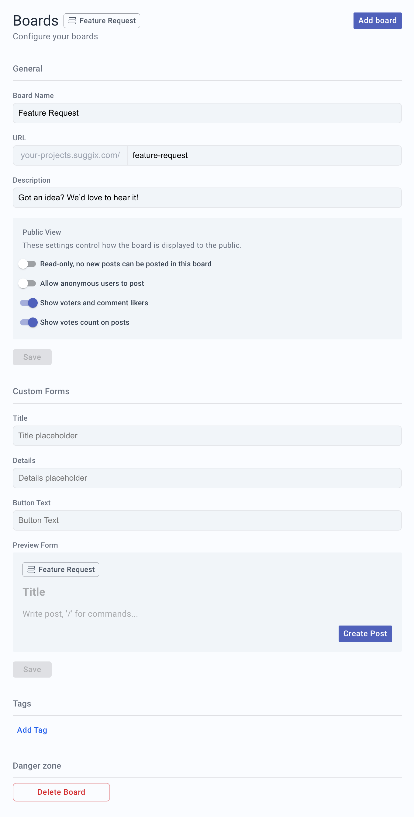 Suggix Board settings page showing general settings, public view options, custom form configuration, tags, and danger zone