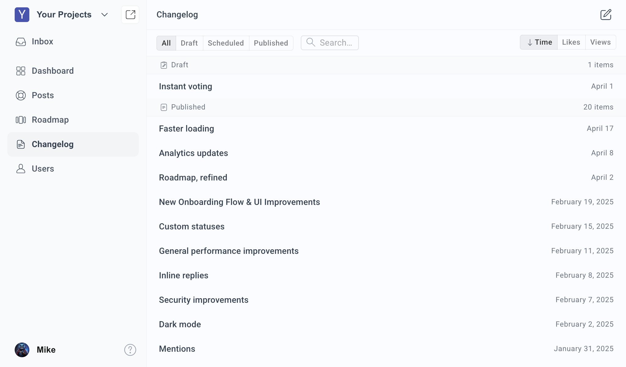 Changelog list in the Suggix dashboard