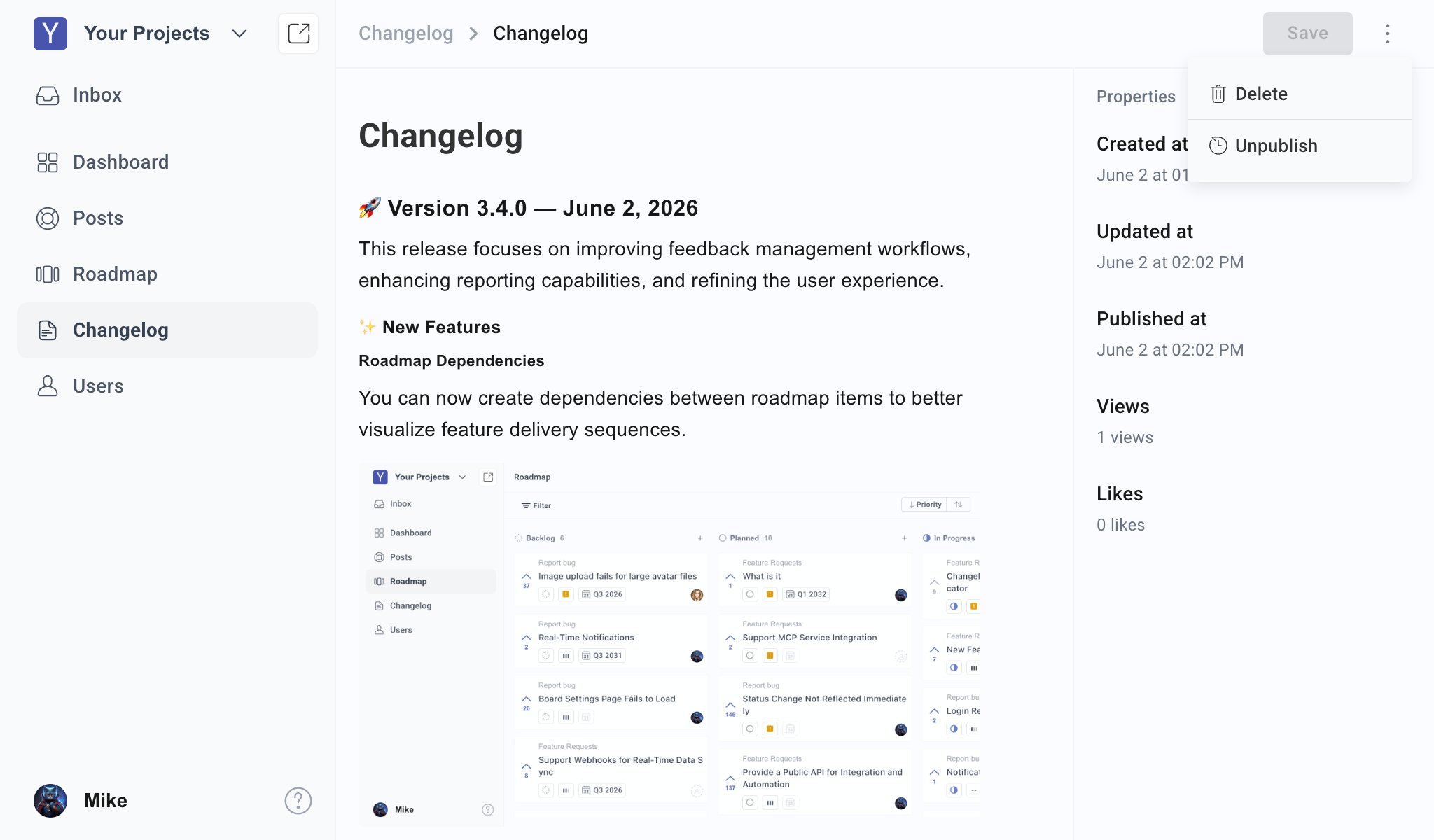 Changelog more actions menu