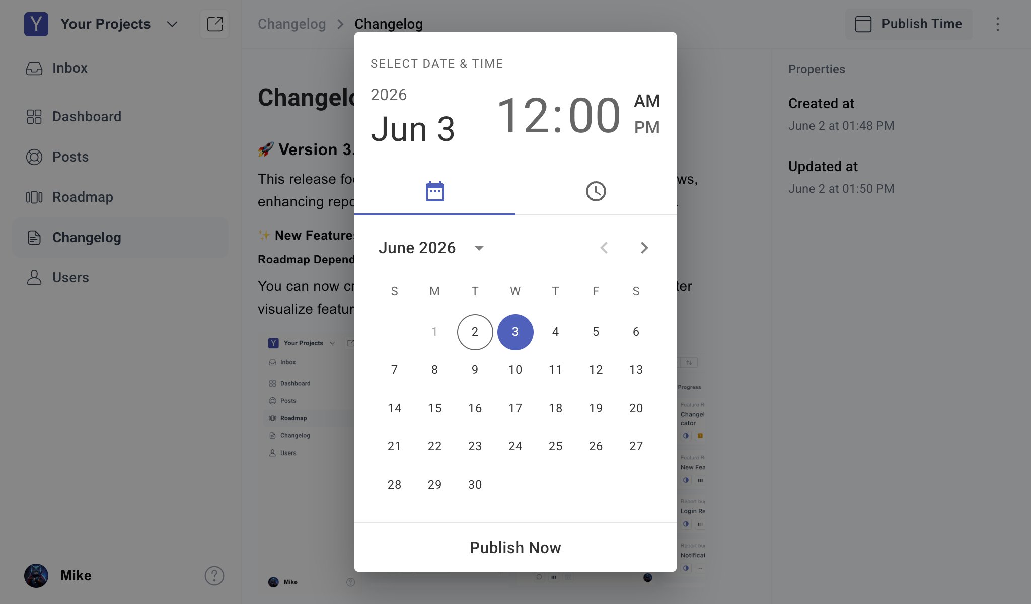 Scheduled changelog release date and time picker