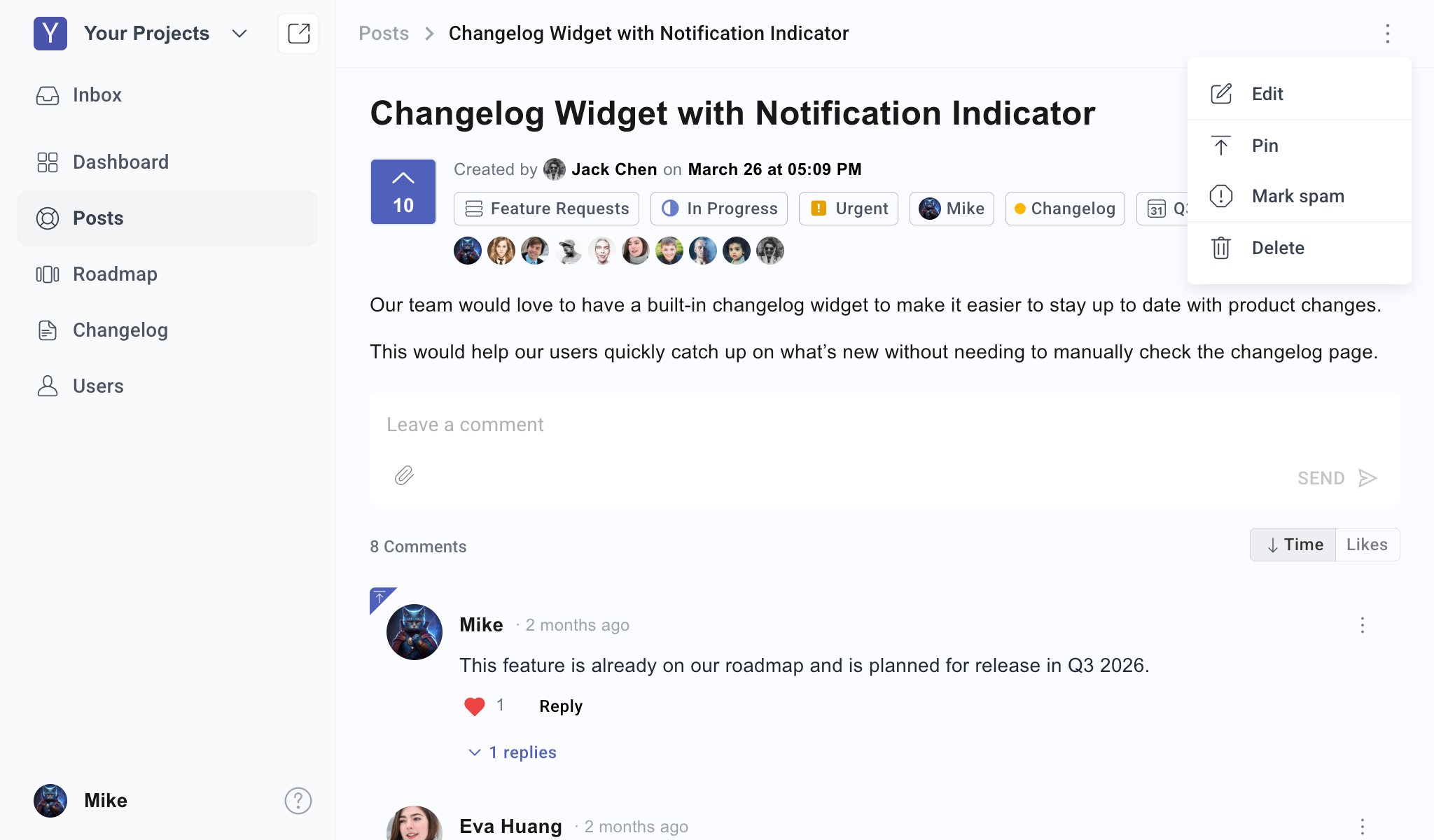 Post detail page in the Suggix dashboard