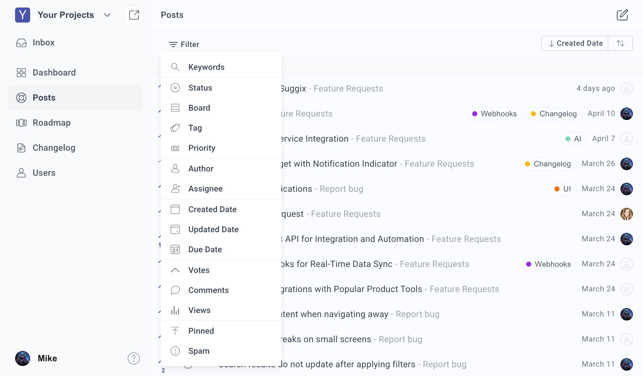Filter posts in the dashboard