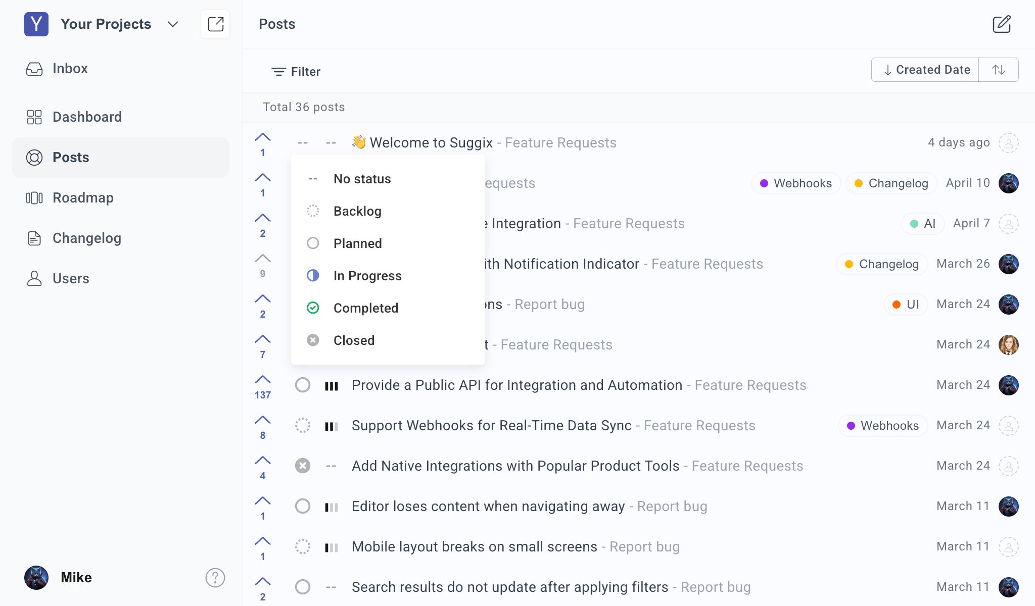 Update post status from the posts list