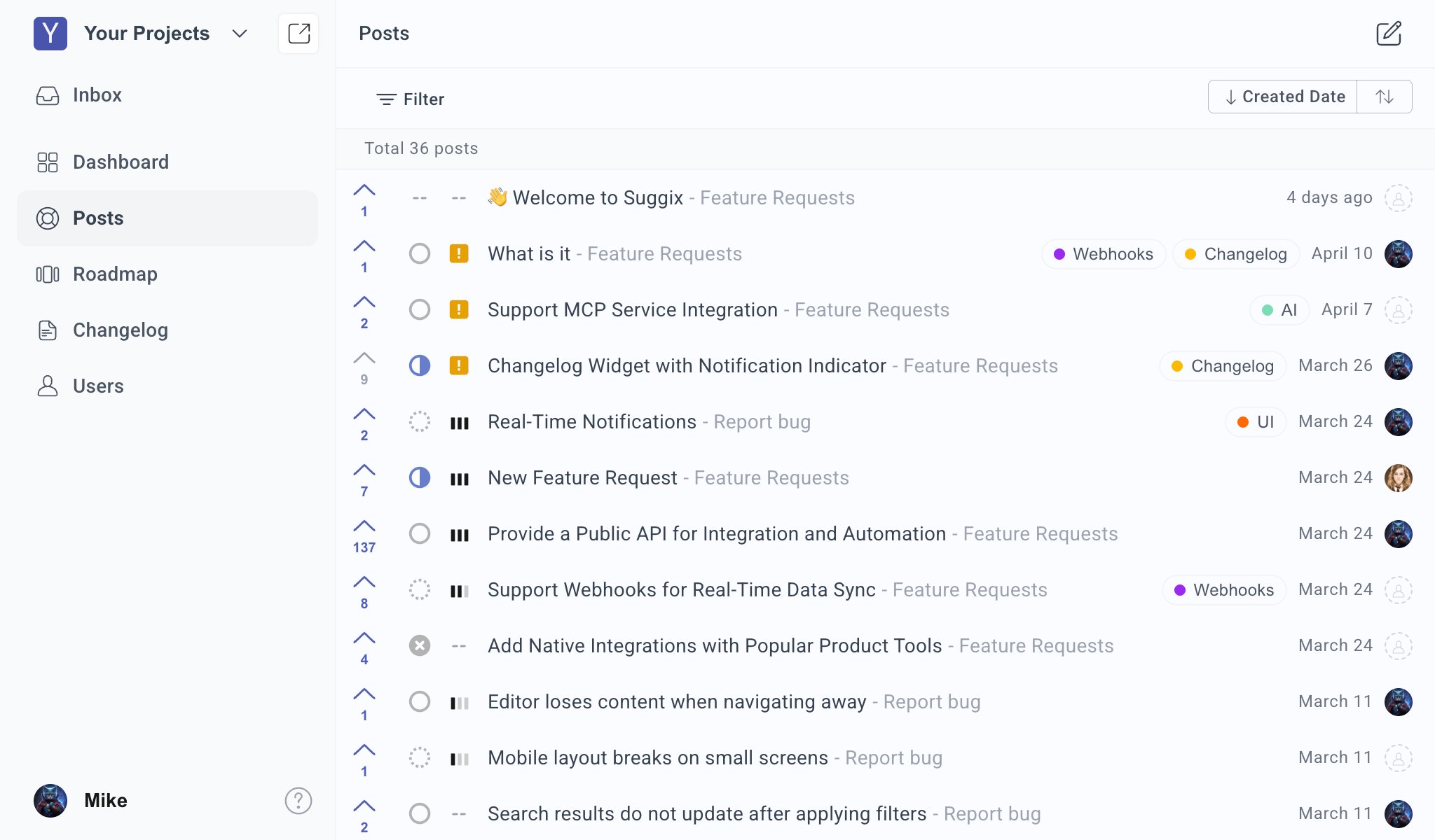 Suggix dashboard posts list