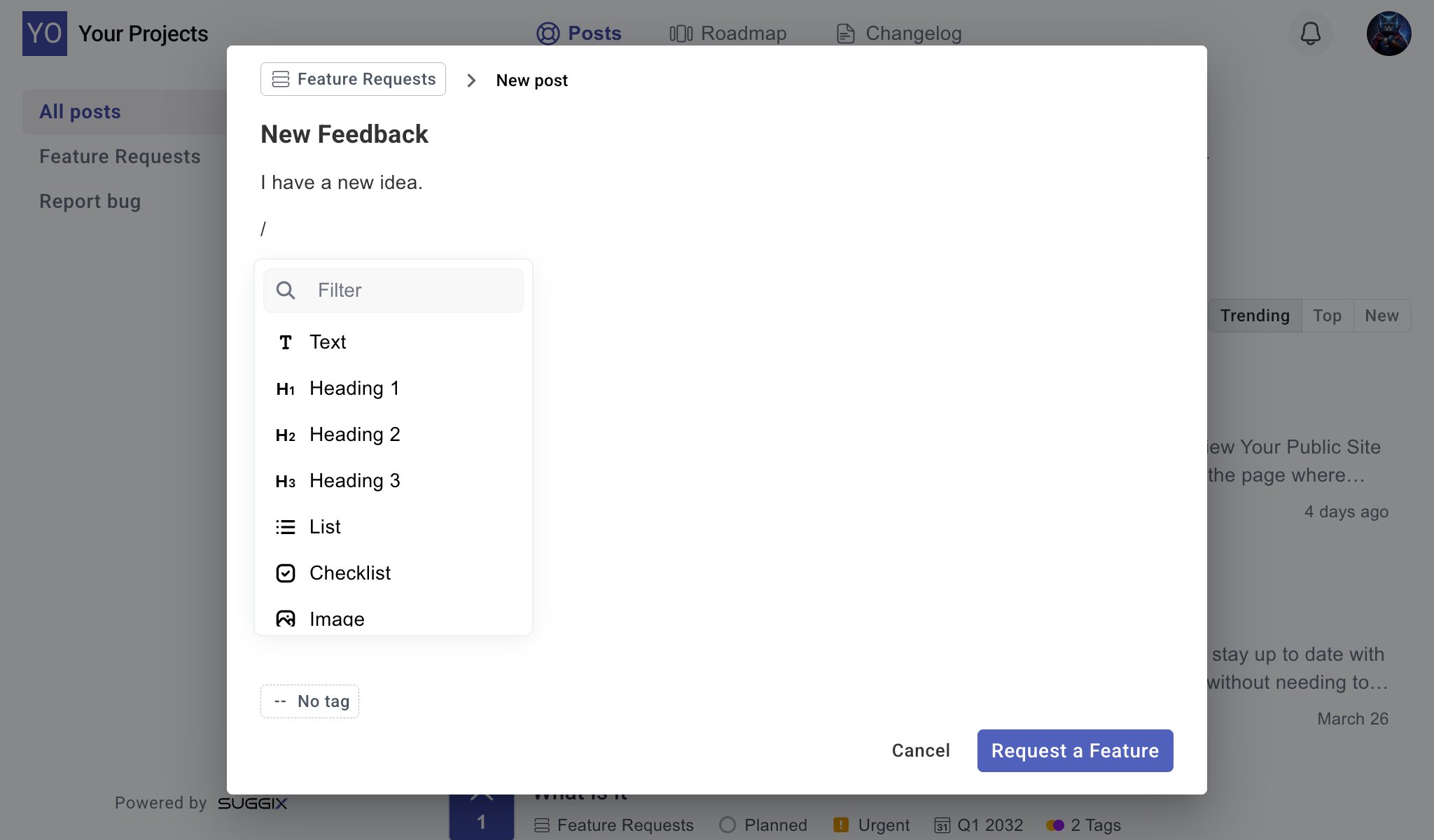 Create new feedback in the public portal