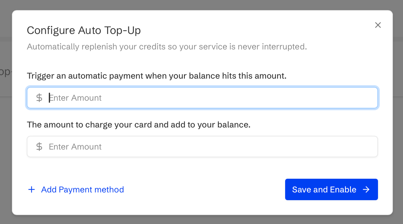 Billing page showing Auto Top-up configuration form