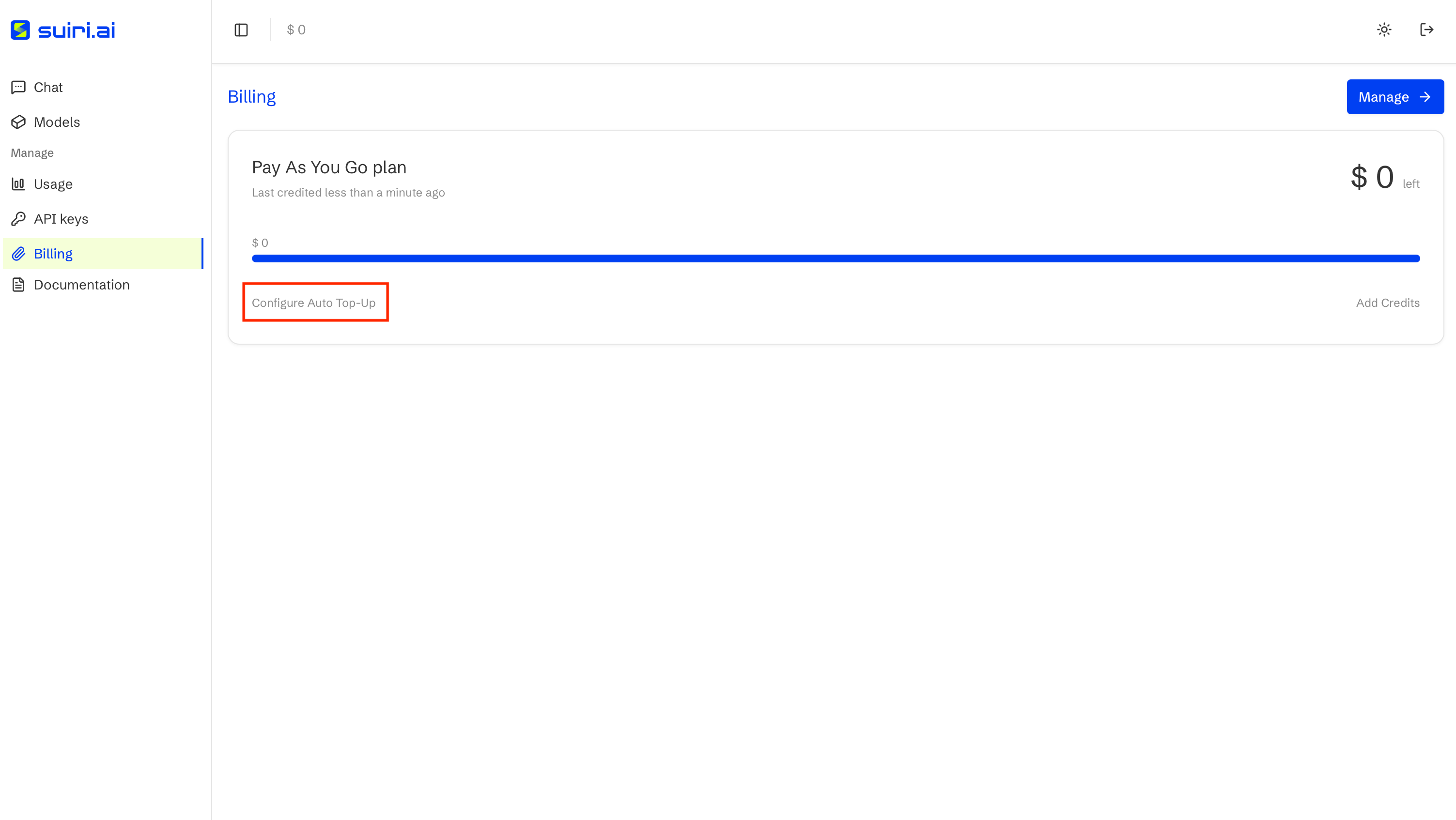 Billing page showing Auto Top-up