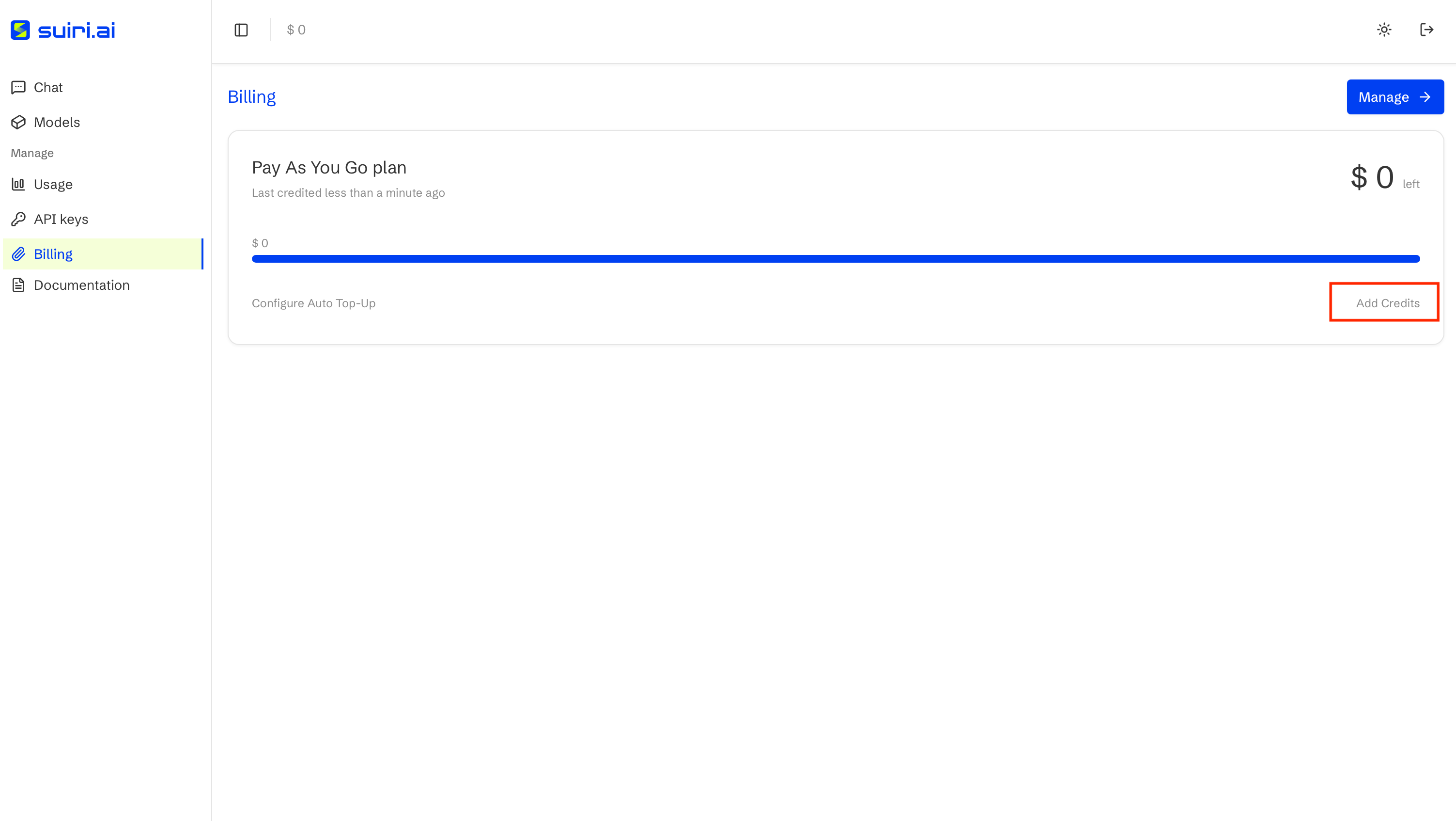 Billing page with Add Credits link highlighted