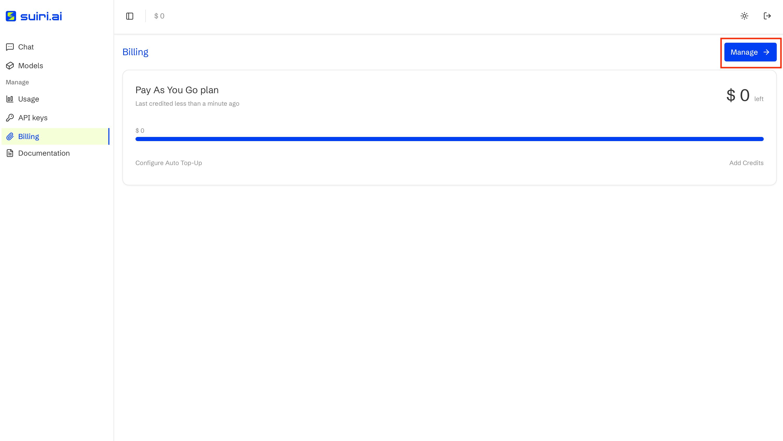 Billing page with Manage button highlighted
