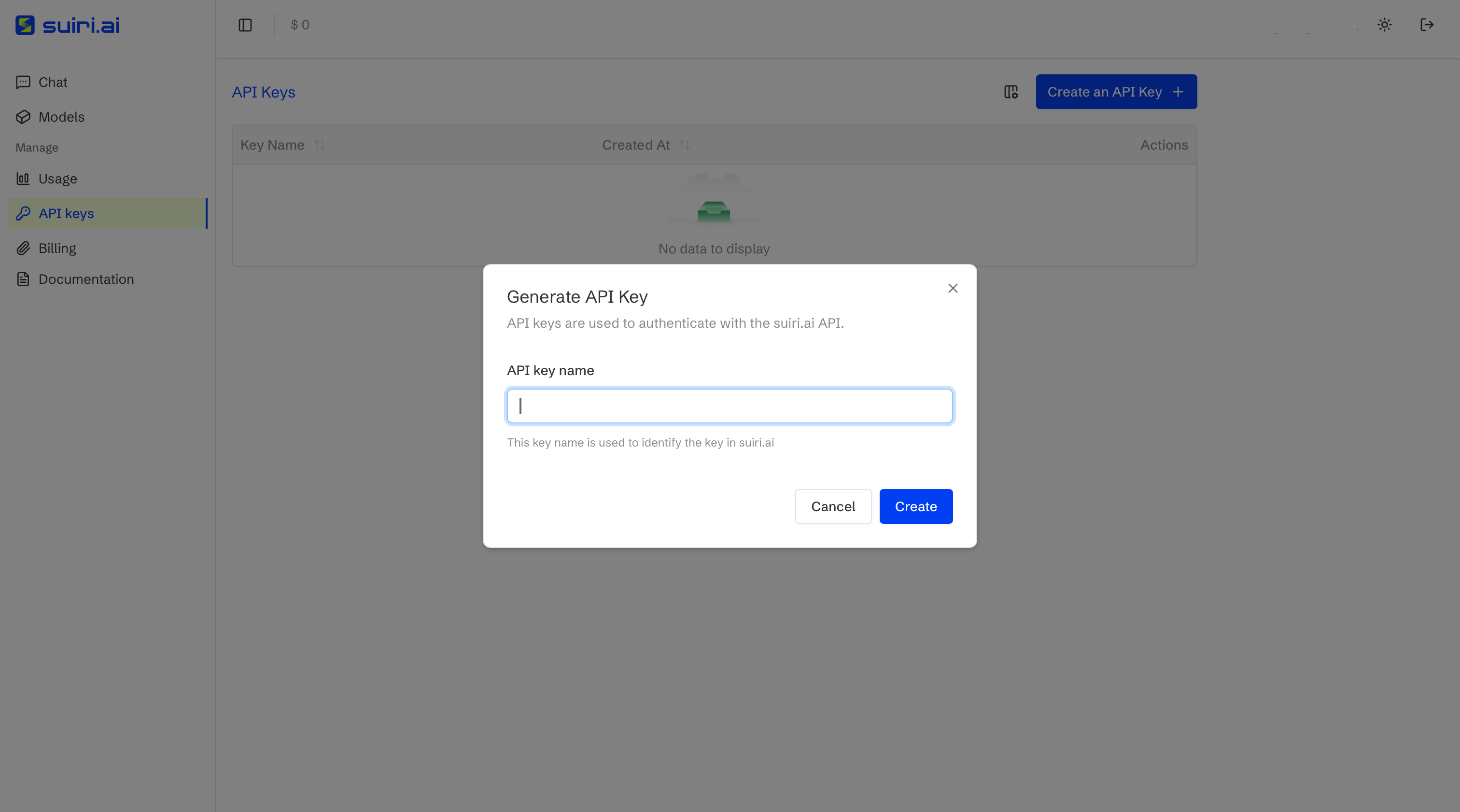 Create API key modal