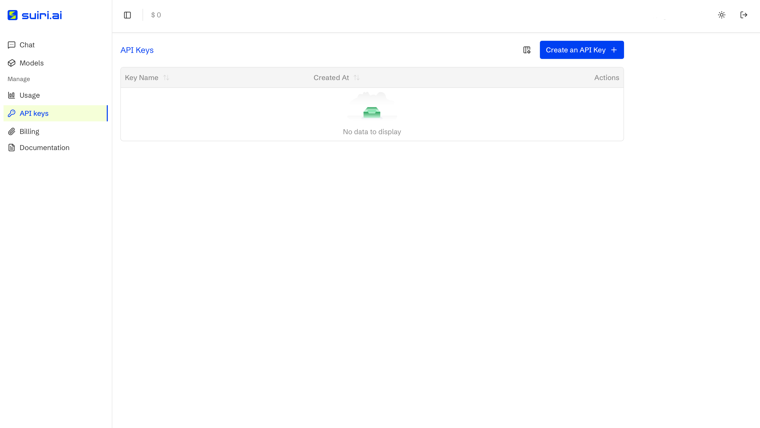API keys dashboard