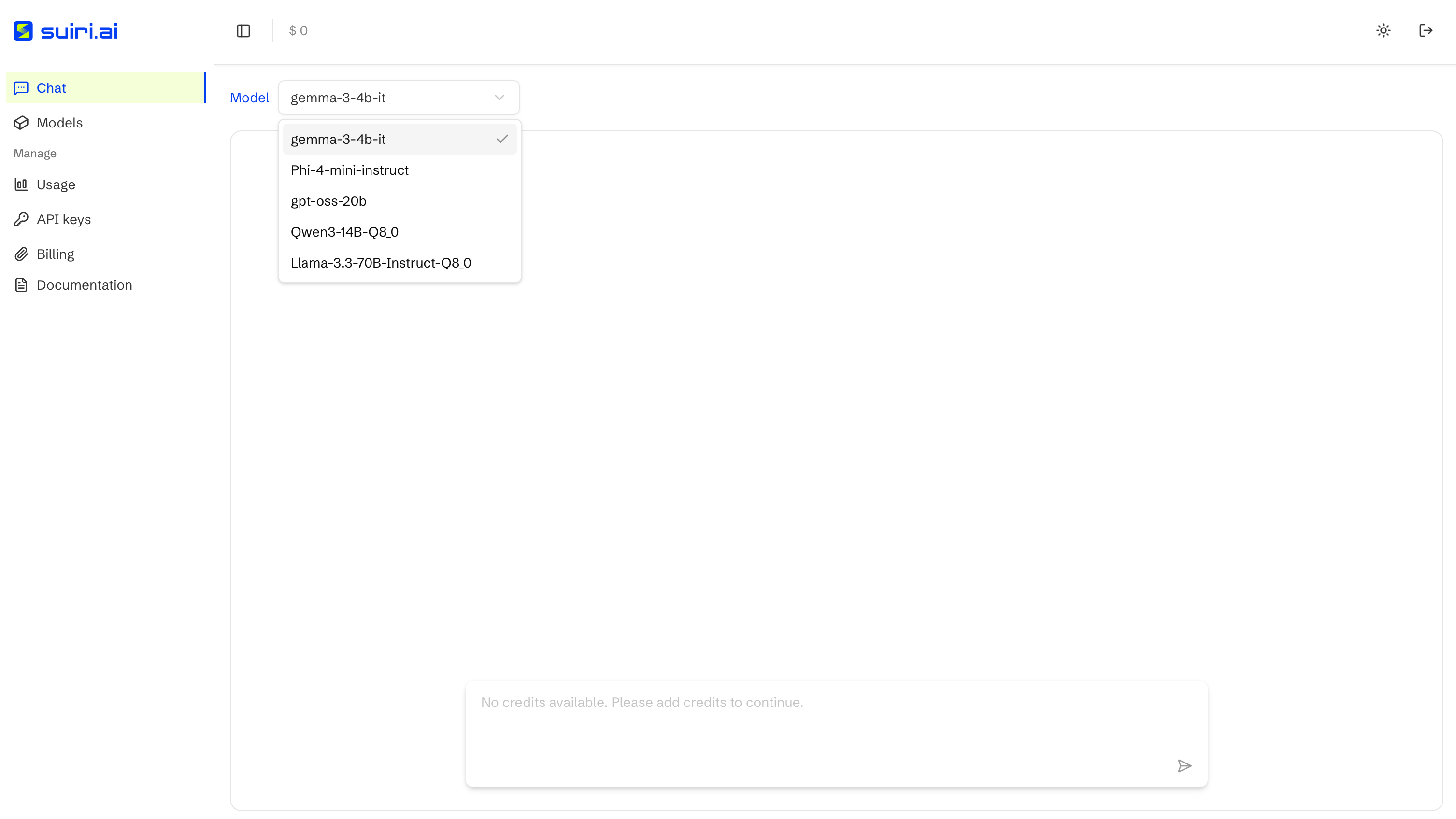 Suiri Chat tab with model selector and prompt input